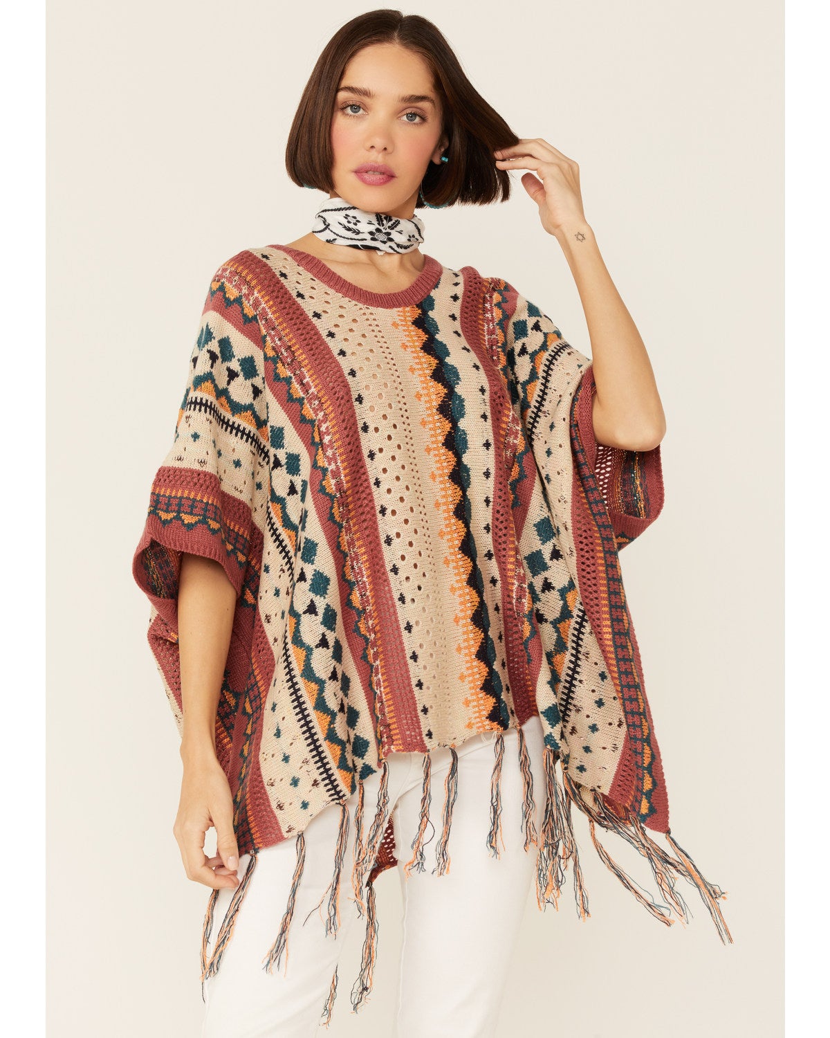 Women's Easel Dried Rose Multi-Colored Serape Fringe Poncho