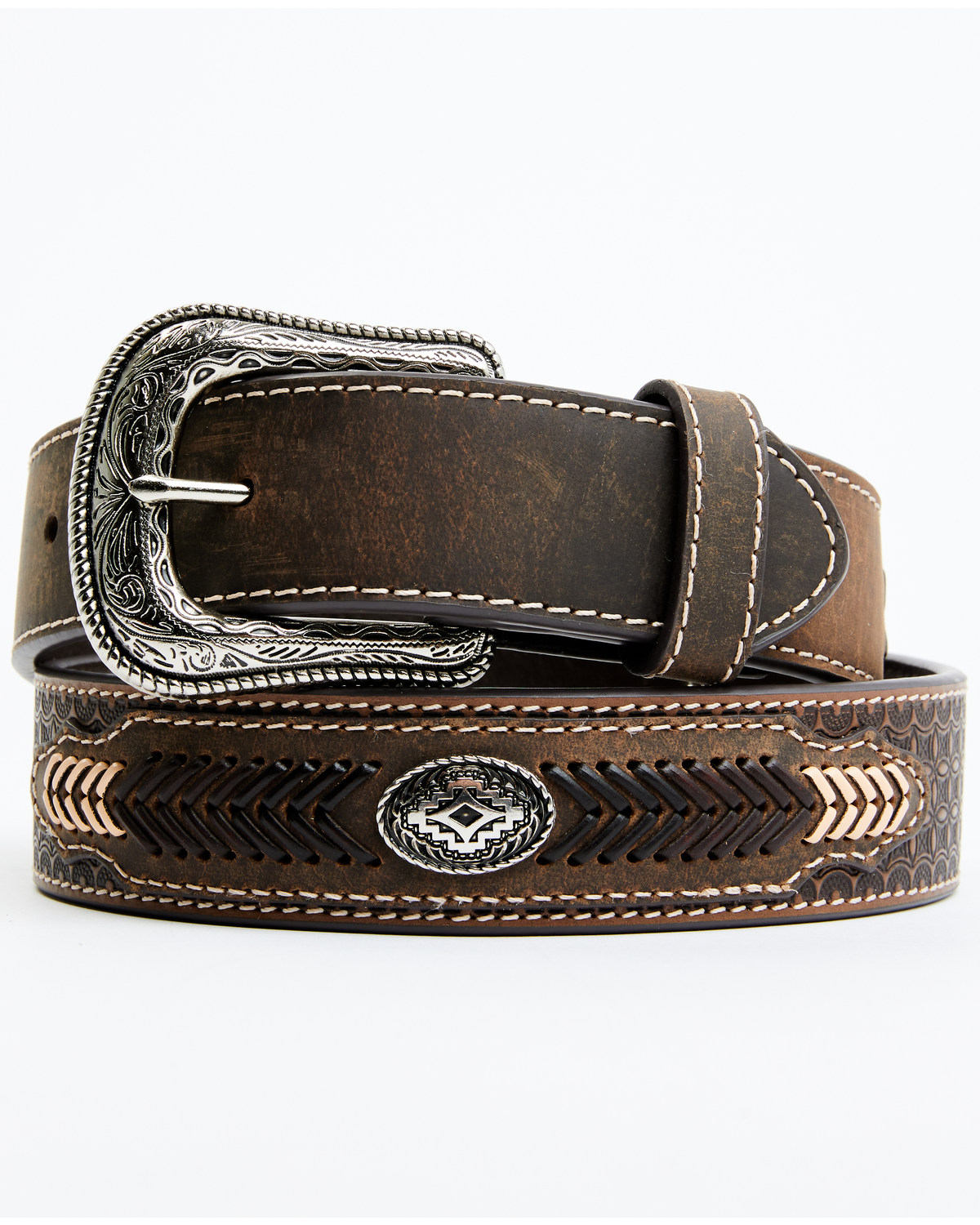 Cody James Men's Brown Southwestern Concho Belt With Lace Detail