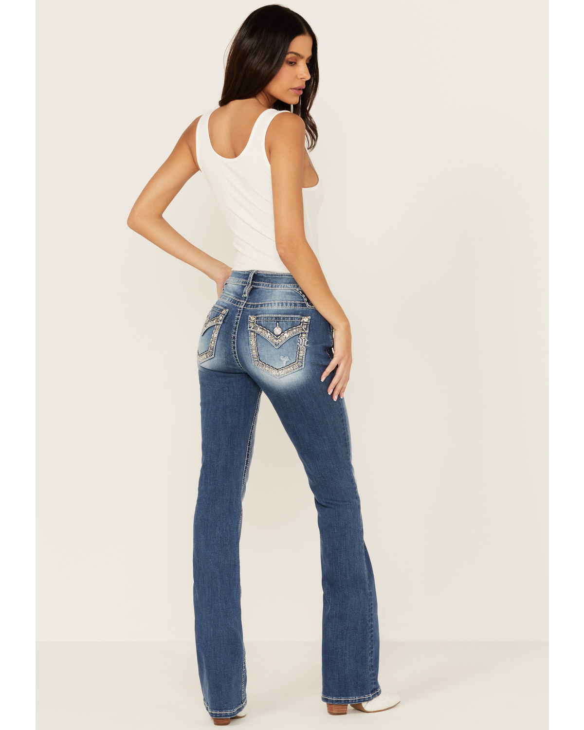 Miss Me Women's Medium Wash Mid Rise Border Flap Bootcut Stretch Denim Jeans