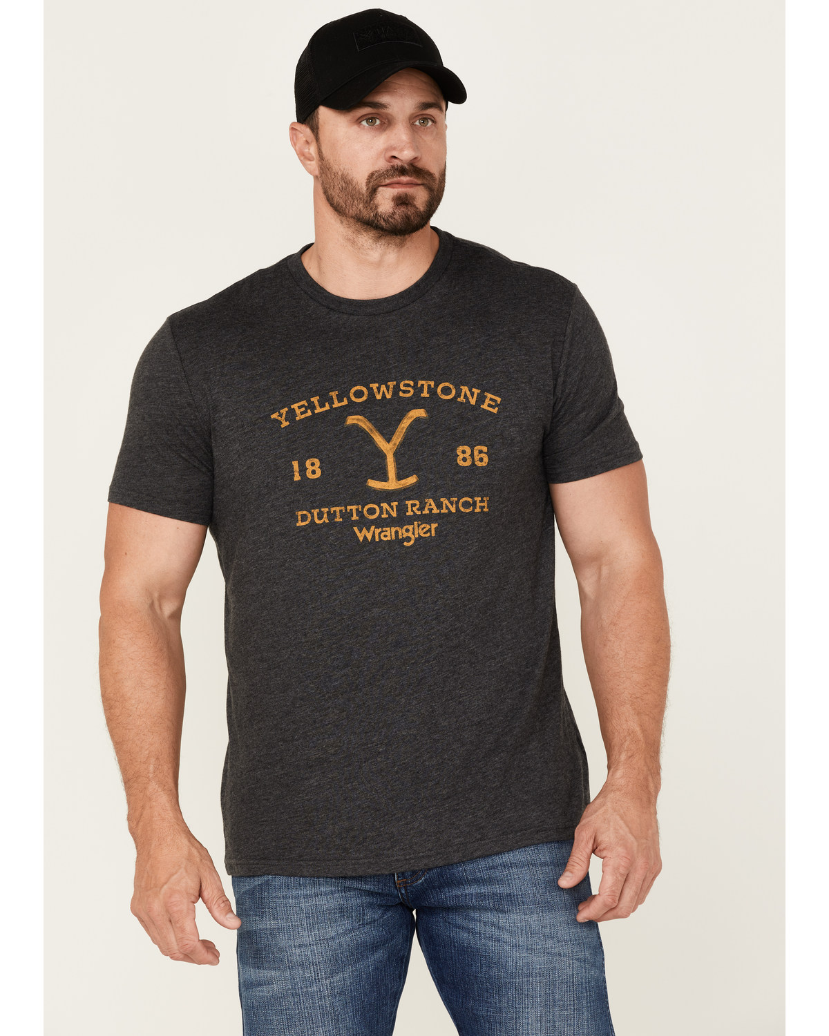 Wrangler Men's Heathered Yellowstone Dutton Ranch Logo Graphic T-Shirt