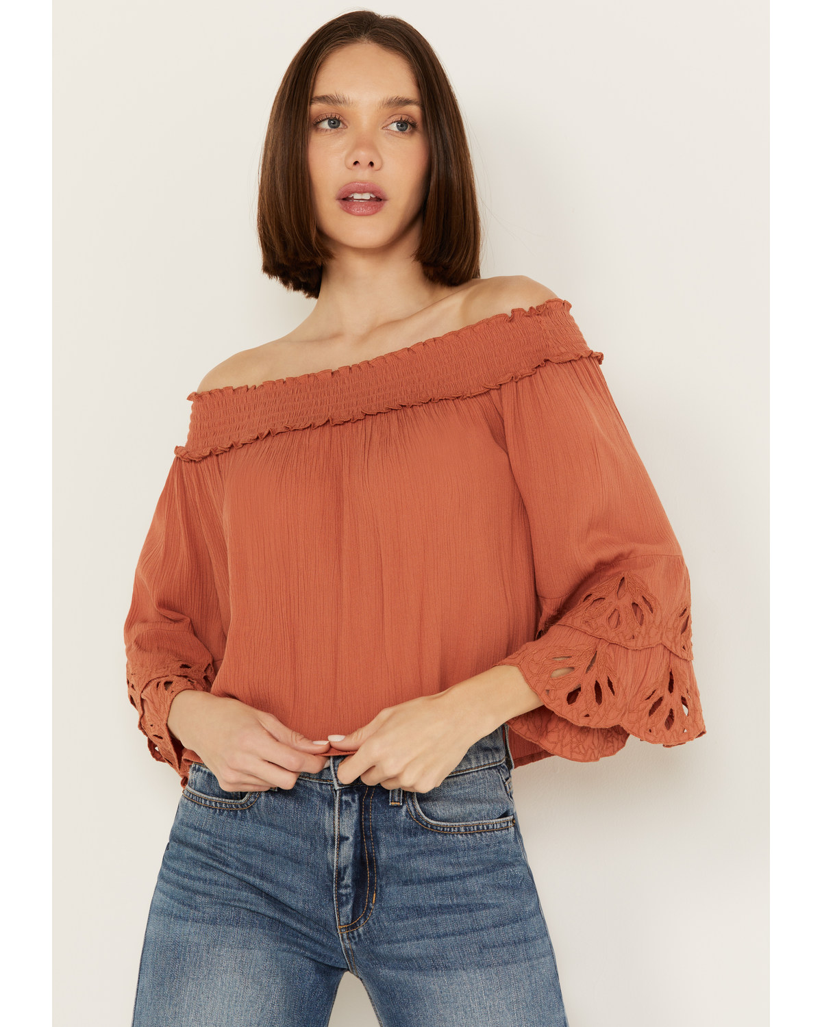 Shyanne Women's Embroidered Cut Out Off The Shoulder Top