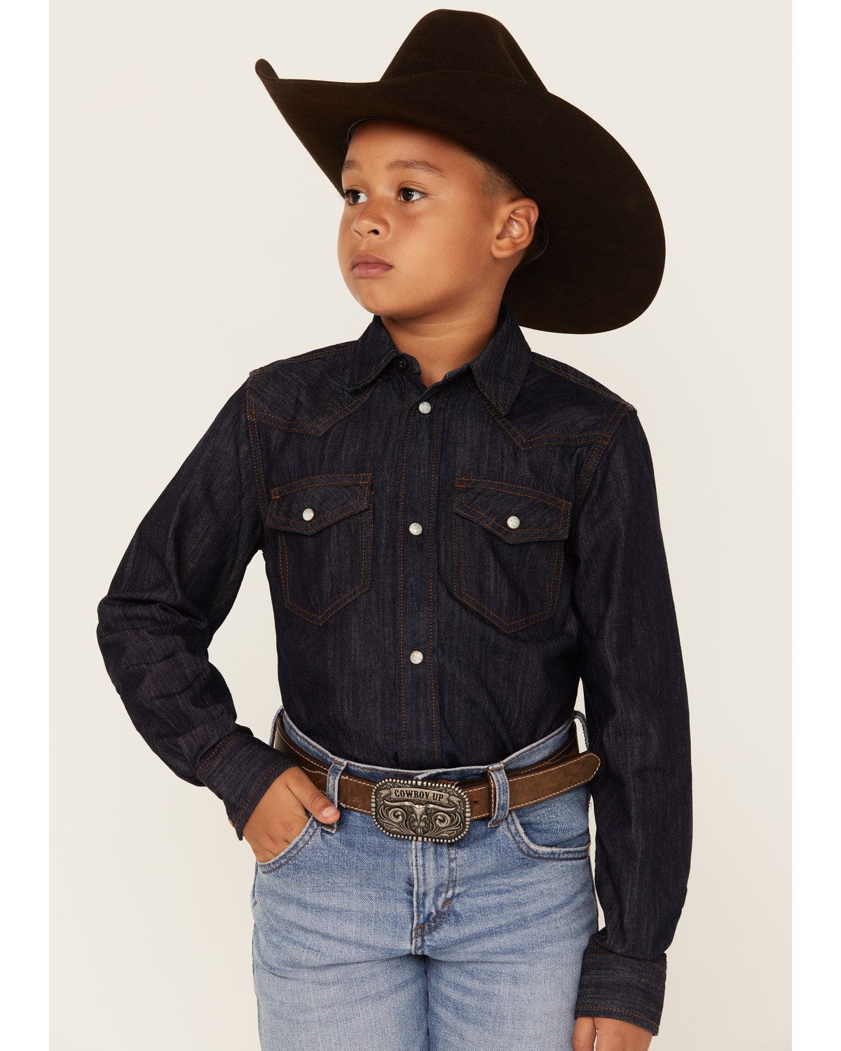 Cody James Boys' Cave Creek Long Sleeve Pearl Snap Western Denim Shirt
