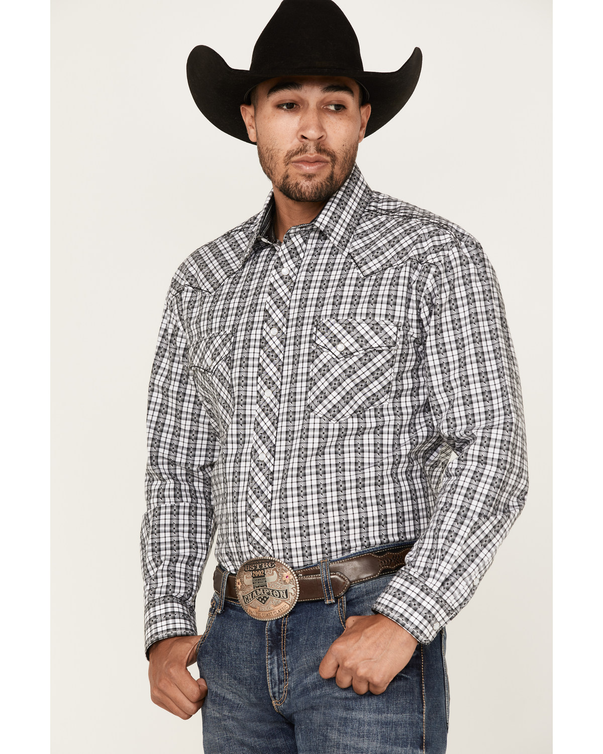 Rough Stock By Panhandle Men's Dobby Small Plaid Print Long Sleeve Pearl Snap Western Shirt