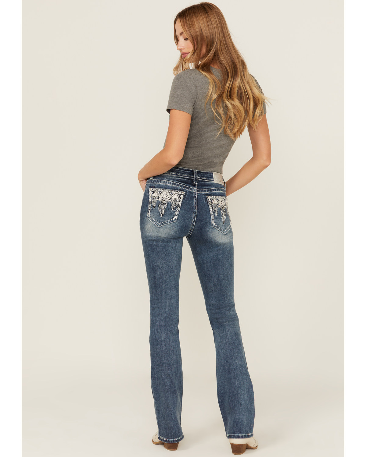 Grace LA Women's Medium Wash Mid Rise Feather Pocket Bootcut Stretch Denim Jeans