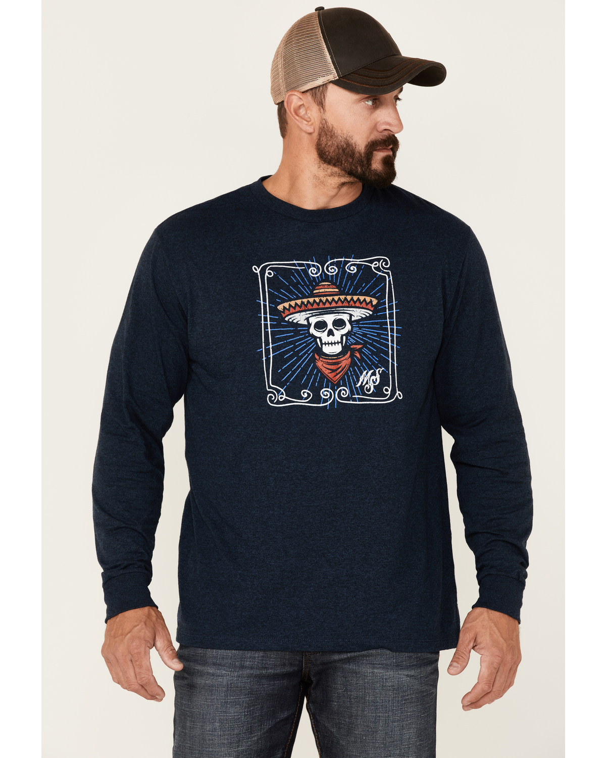 Moonshine Spirit Men's Heather Navy Framed Skull Graphic Long Sleeve T-Shirt