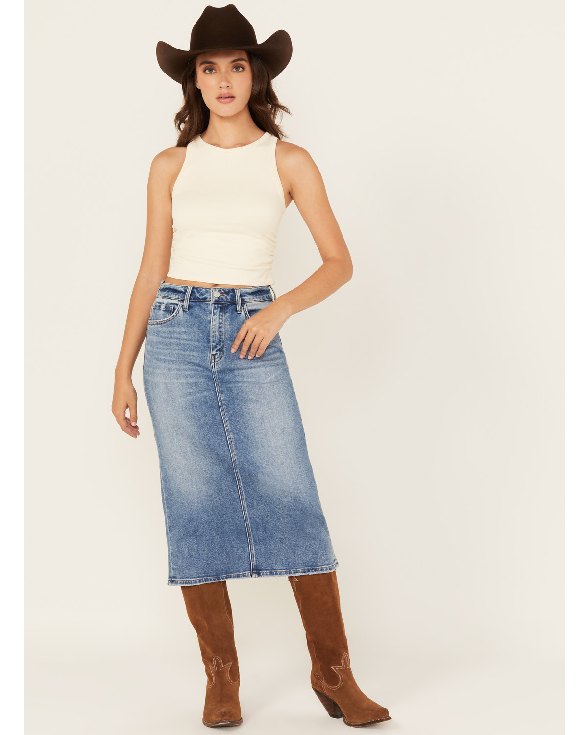Vervet Women's Medium Wash Denim Midi Skirt