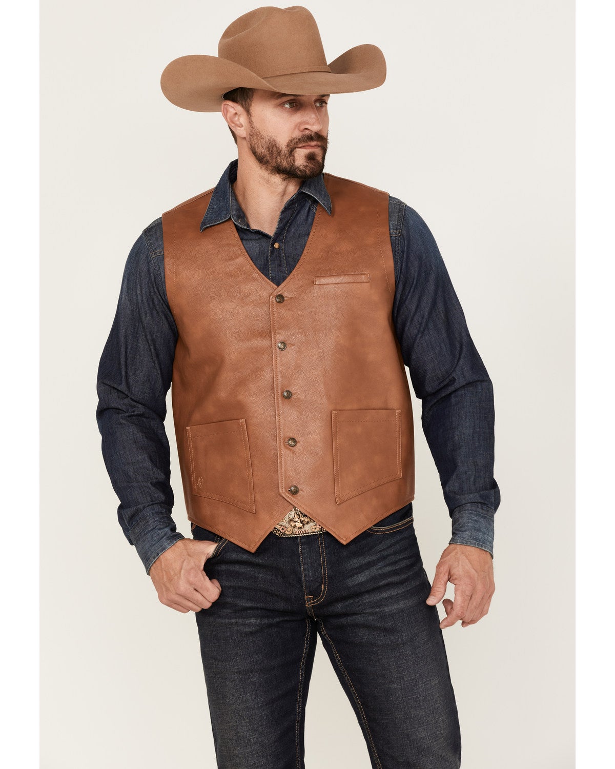 Men's Moonshine Spirit Redhawk Leather Woven Button-Down Western Vest