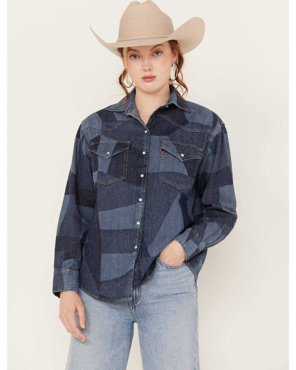 Levi's Women's Dylan Oversized Western Patchwork Print Long Sleeve Pearl Snap Shirt
