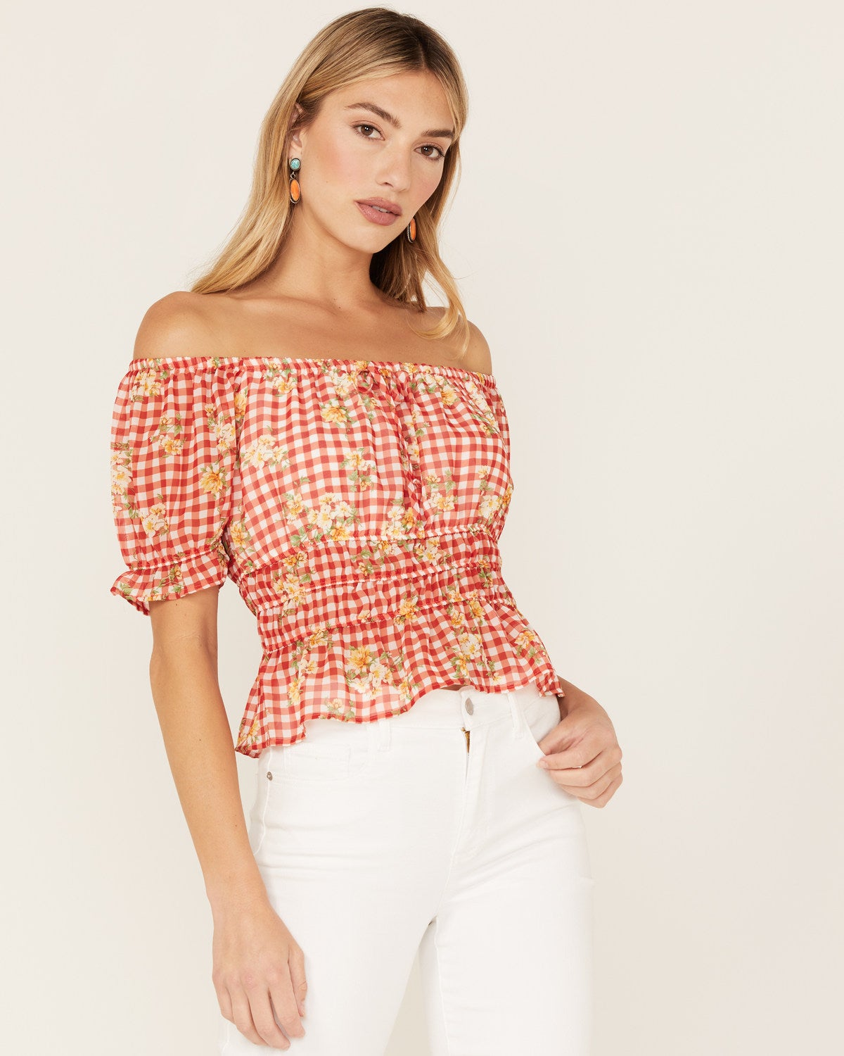 gingham puff sleeve crop top