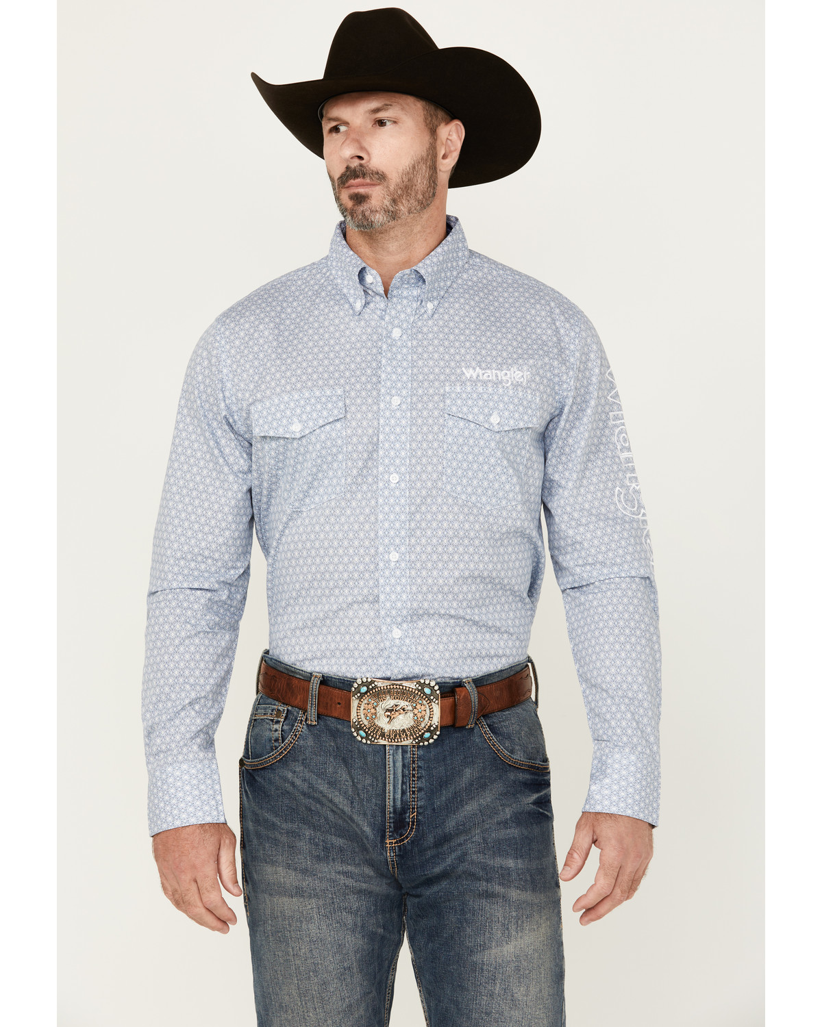 Wrangler Men's Logo Geo Print Long Sleeve Button-Down Western Shirt