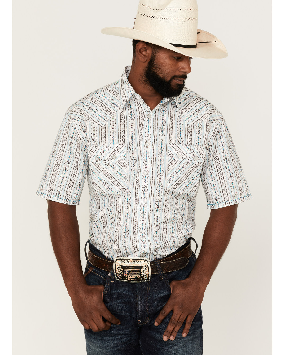 Rough Stock By Panhandle Men's Southwestern Stripe Short Sleeve Pearl Snap Western Shirt