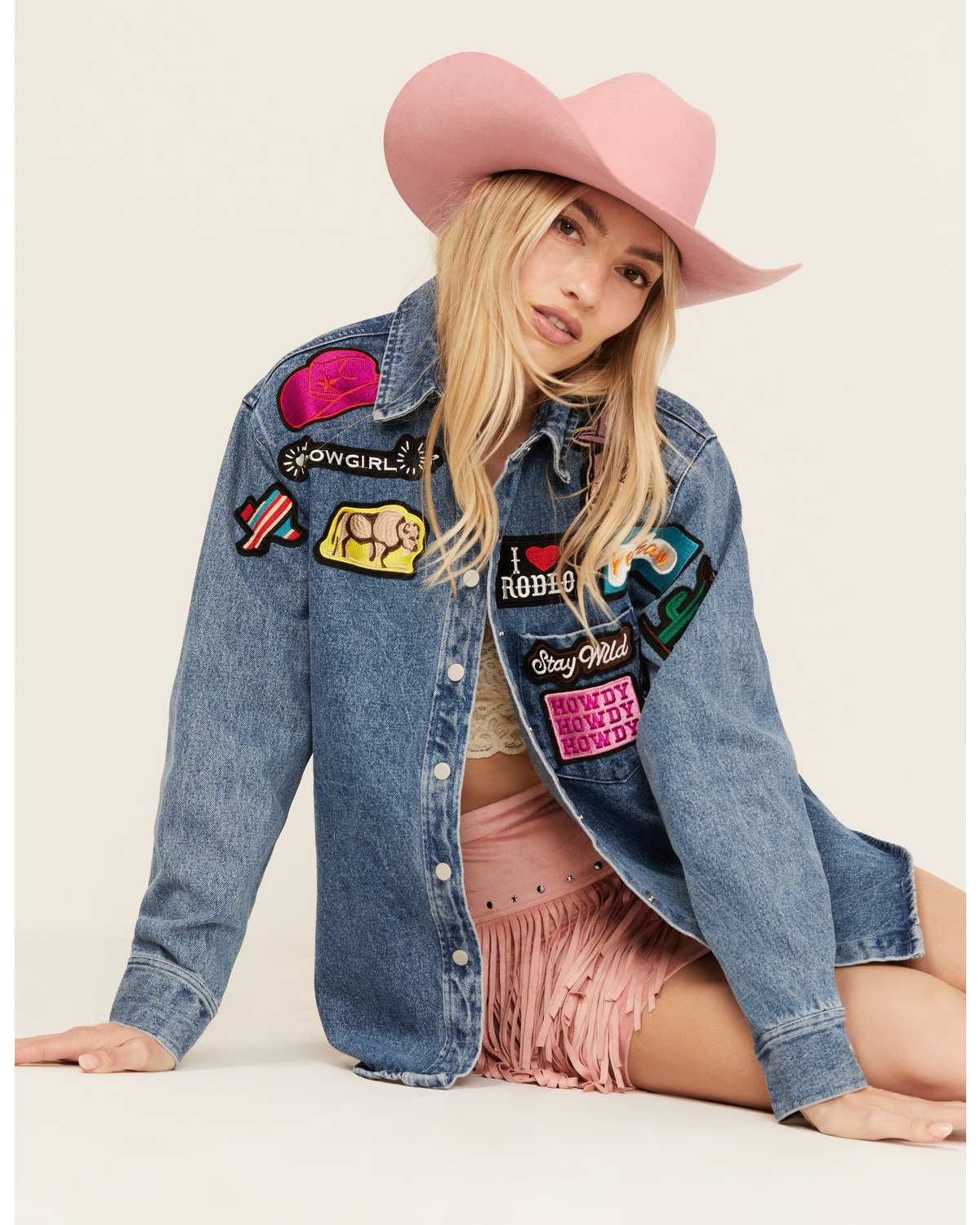 Blue B Women's Medium Wash Western Patchwork Snap Shacket