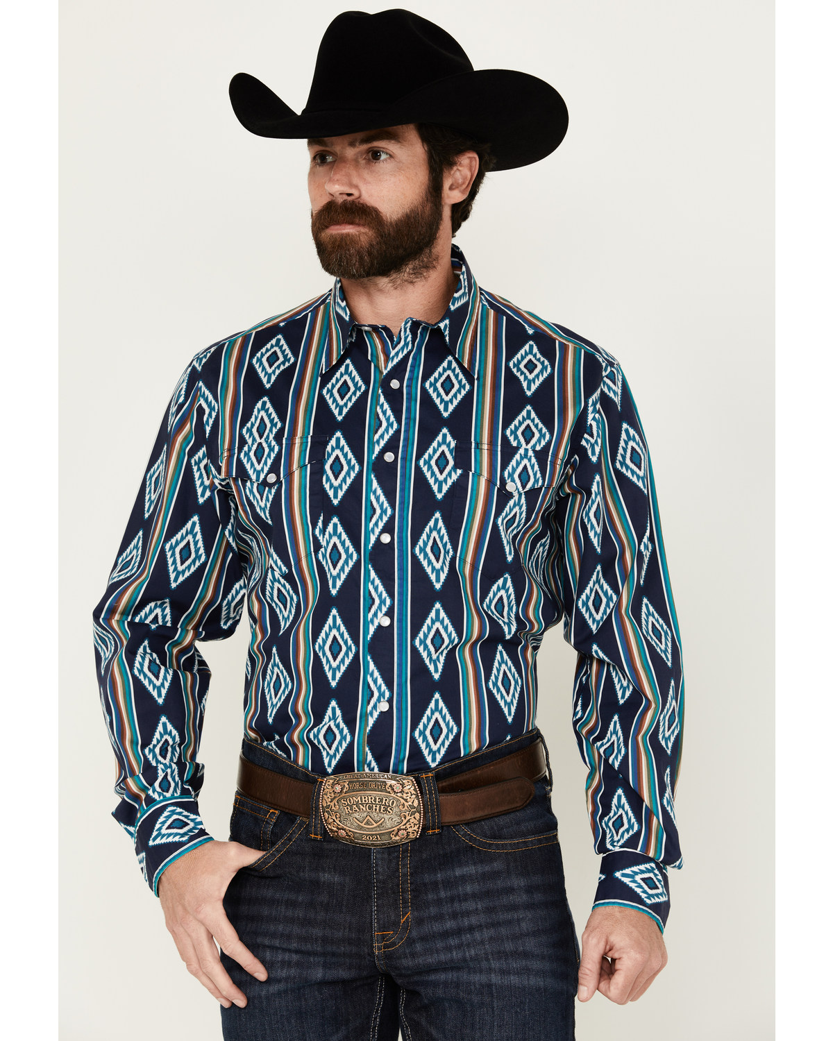 Roper Men's Vintage Southwestern Striped Print Long Sleeve Pearl Snap Western Shirt