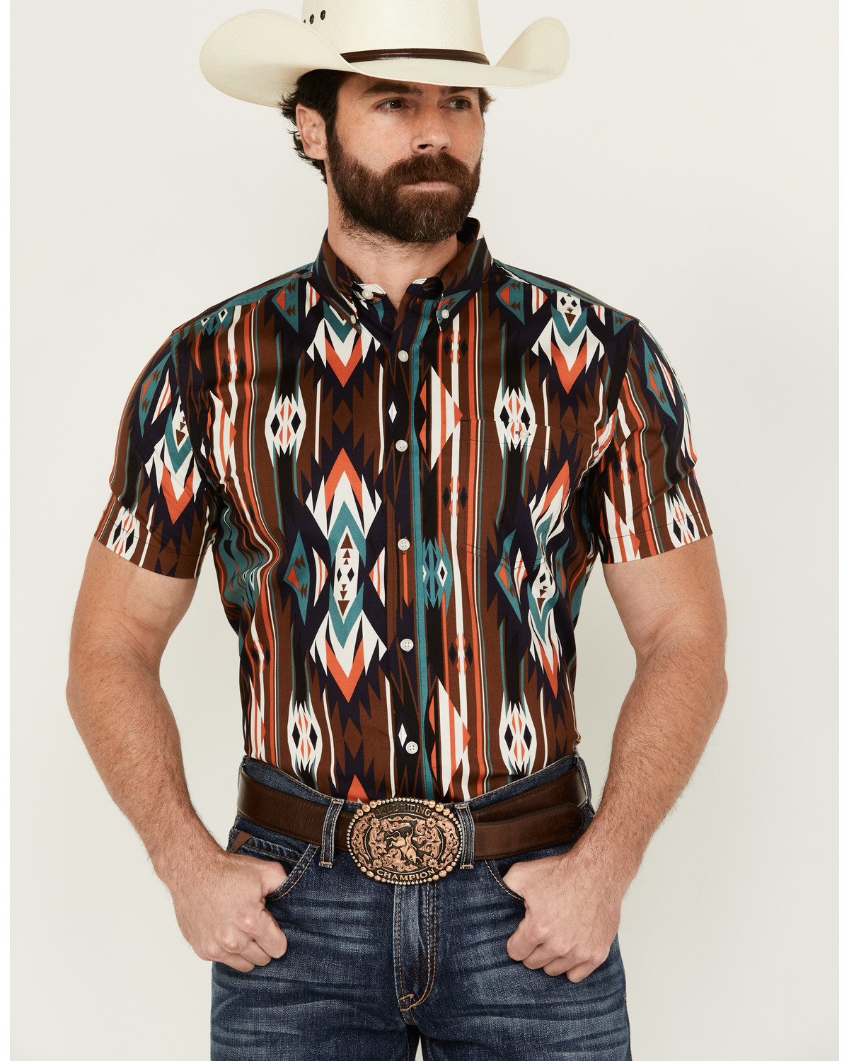 RANK 45® Men's Calvaztec Southwestern Print Short Sleeve Button-Down Stretch Western Shirt