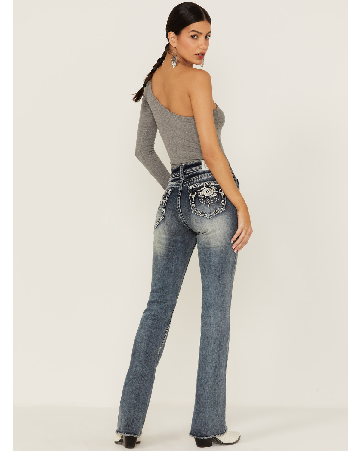 Grace La Women's Steer Head Southwestern Pocket Bootcut Jeans