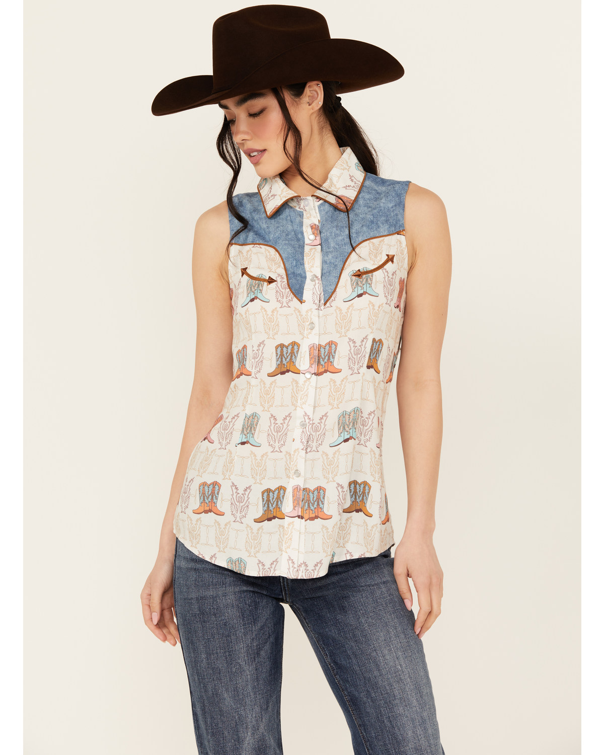 Panhandle Women s Boot Print Sleeveless Pearl Snap Western Shirt Boot Barn in Tustin CA The Market Place