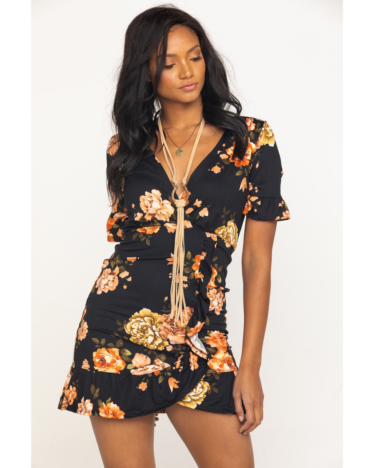 black floral wrap dress