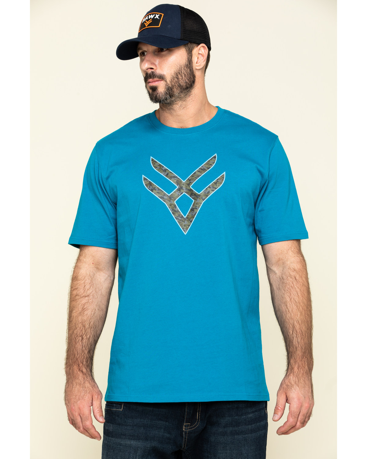 Hawx Men's Teal Fractal Camo Logo Graphic Work T-Shirt