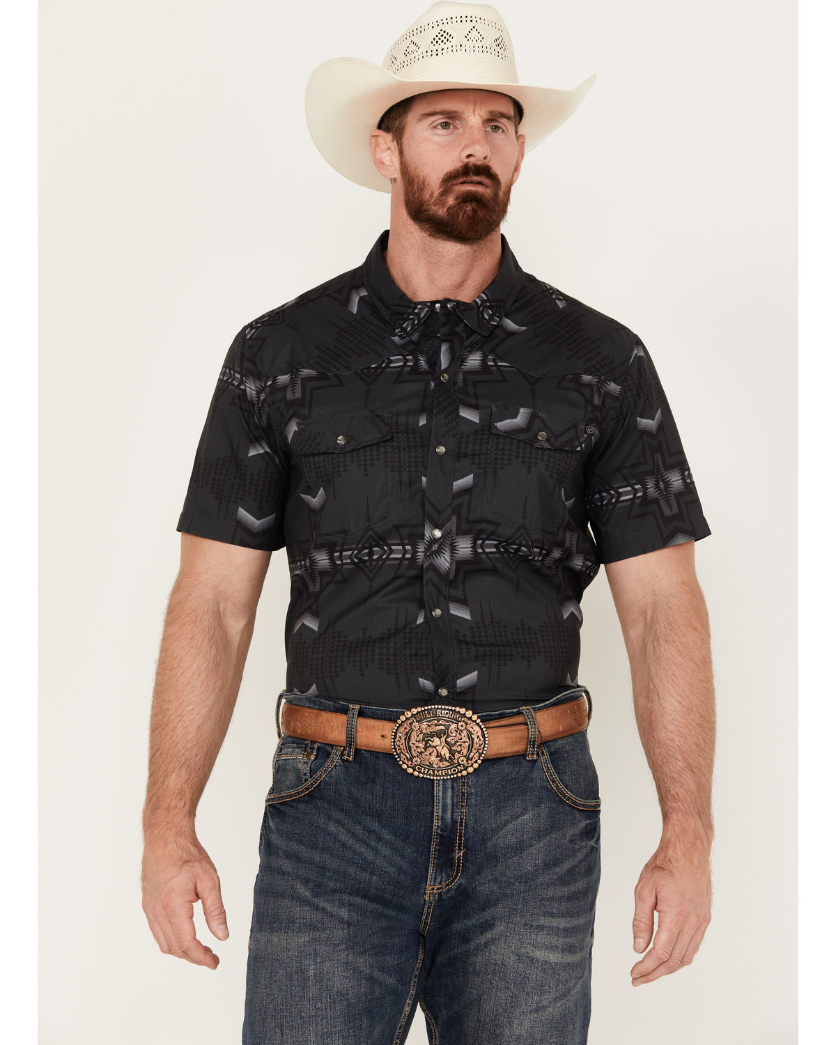 Rock & Roll Denim Men's Southwestern Print Short Sleeve Performance Pearl Snap Western Shirt