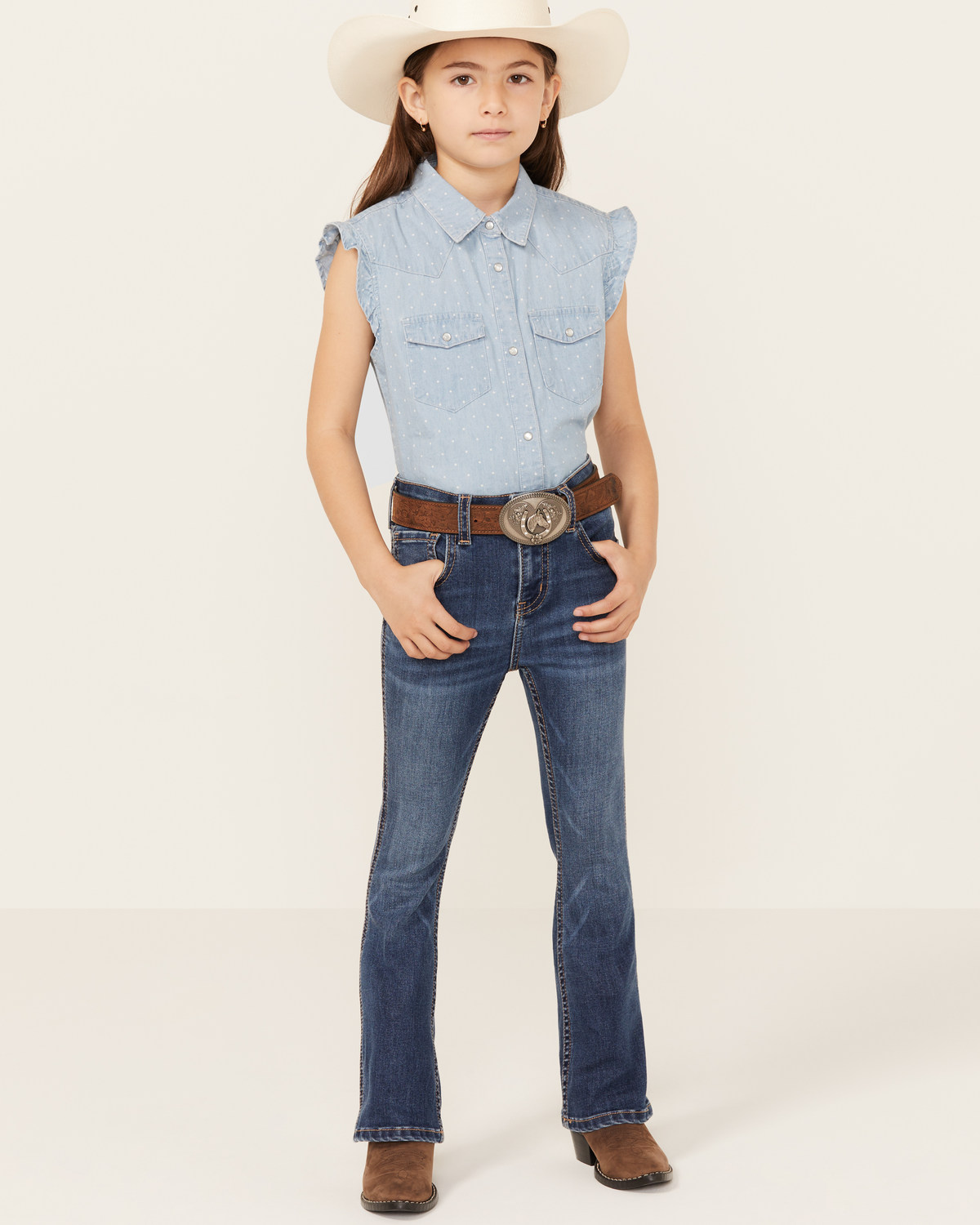 Shyanne Little Girls' Maren Medium Wash Embroidered Pocket Bootcut Comfort Stretch Denim Jeans