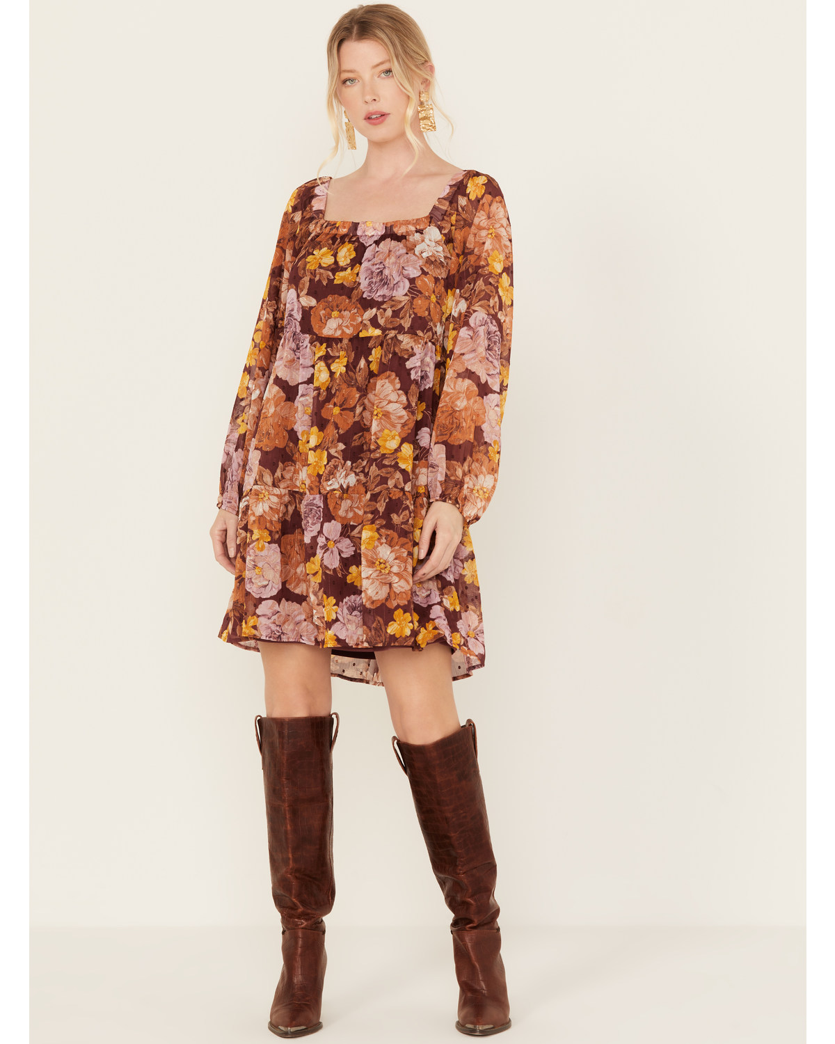 En Creme Women's Floral Print Long Sleeve Mini Dress