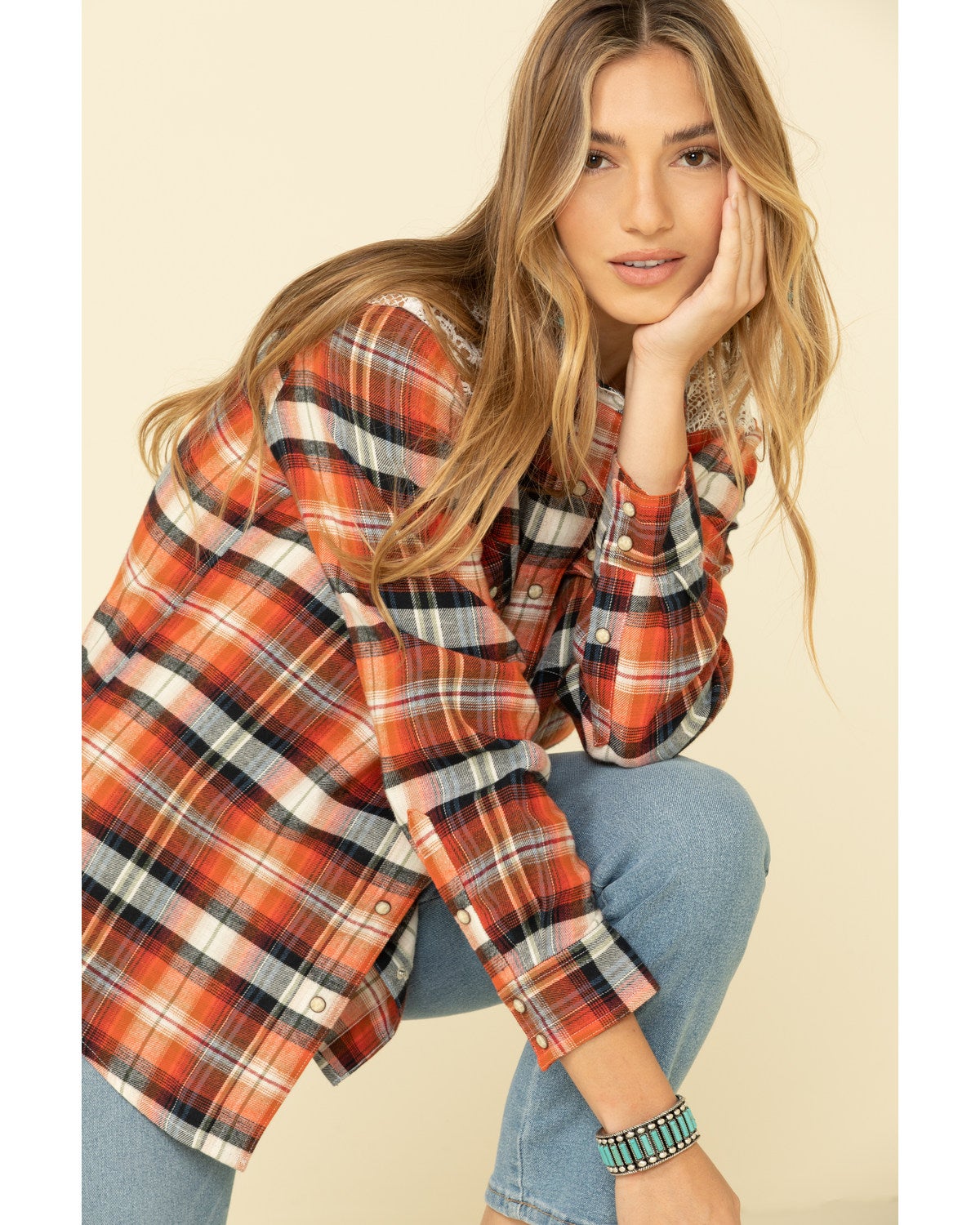 orange plaid womens flannel shirt