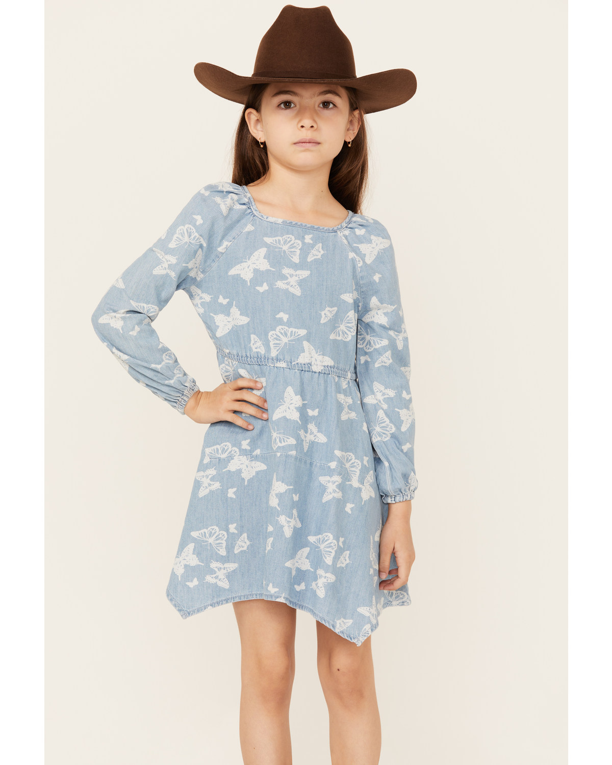 Wrangler Girls' Butterfly Print Denim Long Sleeve Dress