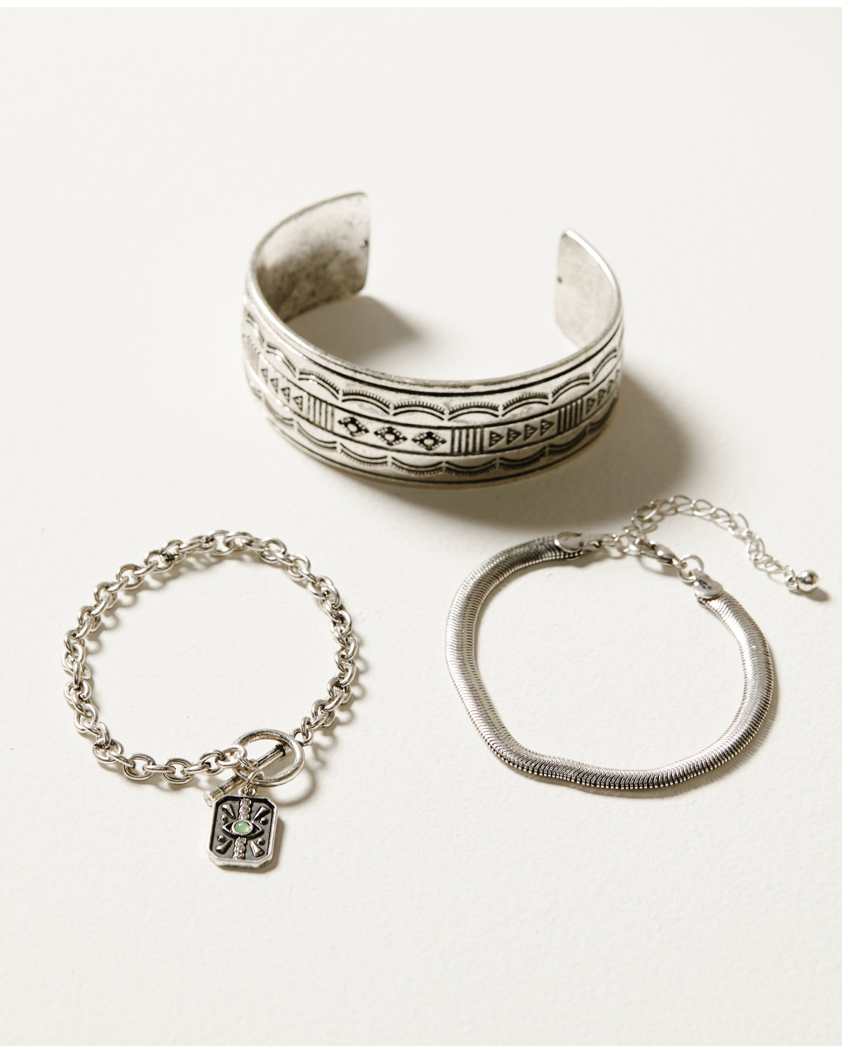 Shyanne Women's 3-Piece Silver Wide Cuff Chain & Evil Eye Charm Bracelet Set