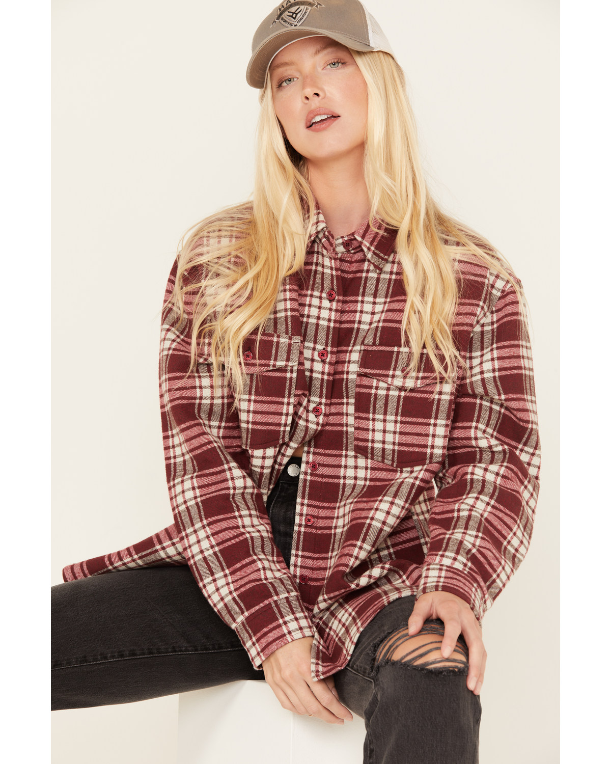 Cleo + Wolf Women's Plaid Print Long Sleeve Button-Down Oversized Shacket