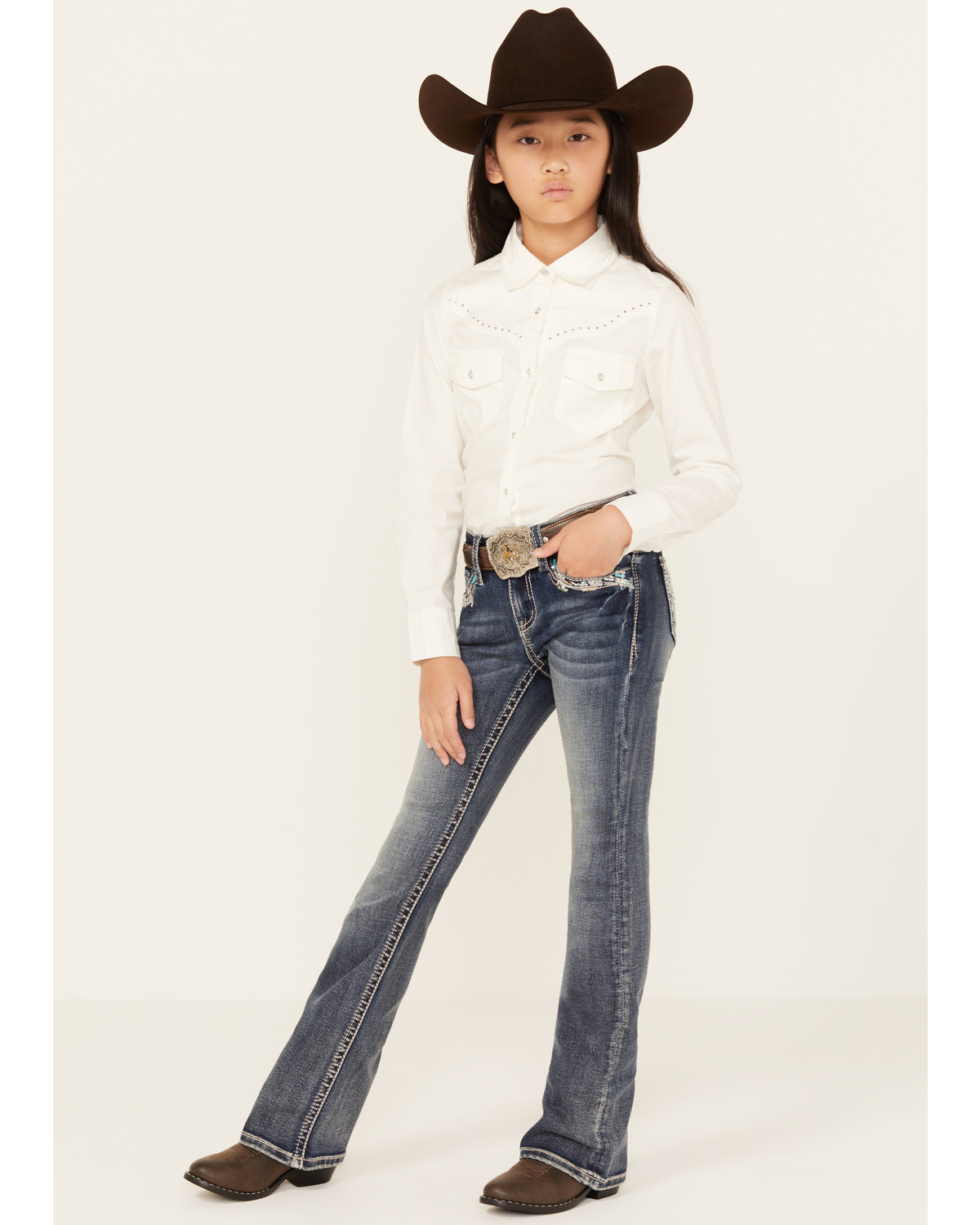 Grace LA Girls' Medium Wash Mid Rise Southwestern Bootcut Jeans