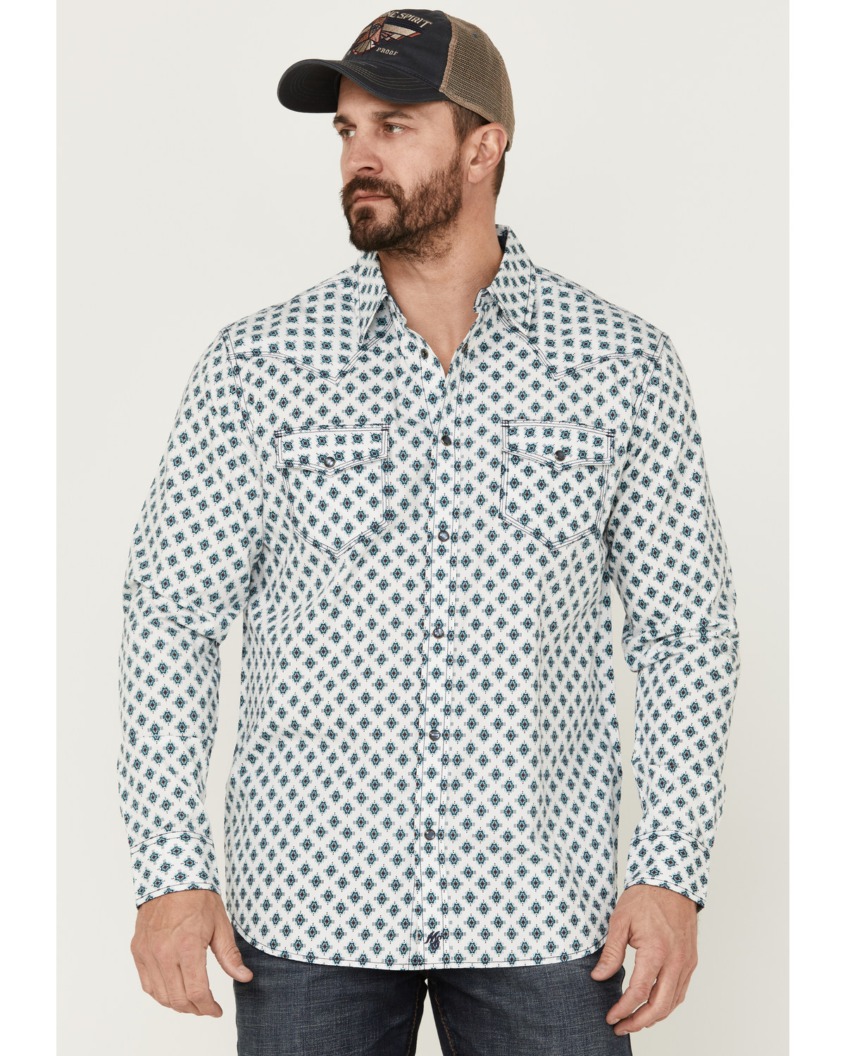 Moonshine Spirit Men's Southwestern Geo Print Long Sleeve Snap Western Shirt