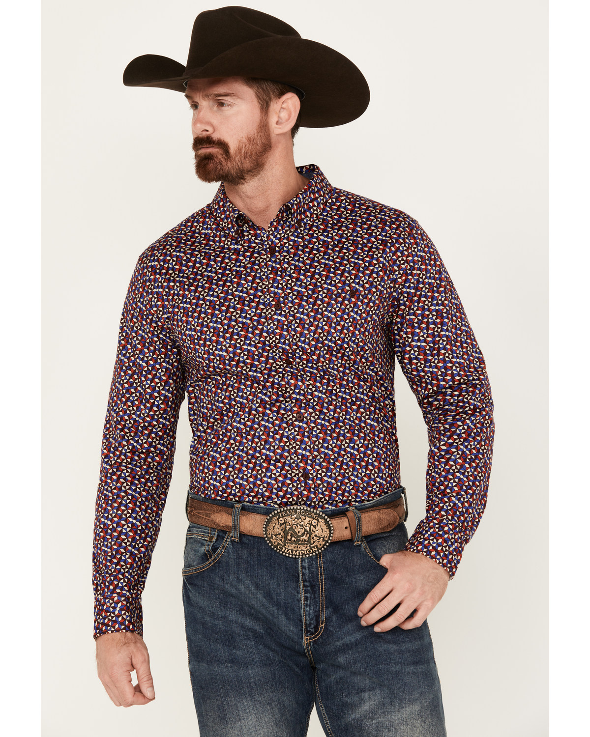 RANK 45® Men's Kendleton Geo Print Long SleeveStretch  Button-Down Shirt