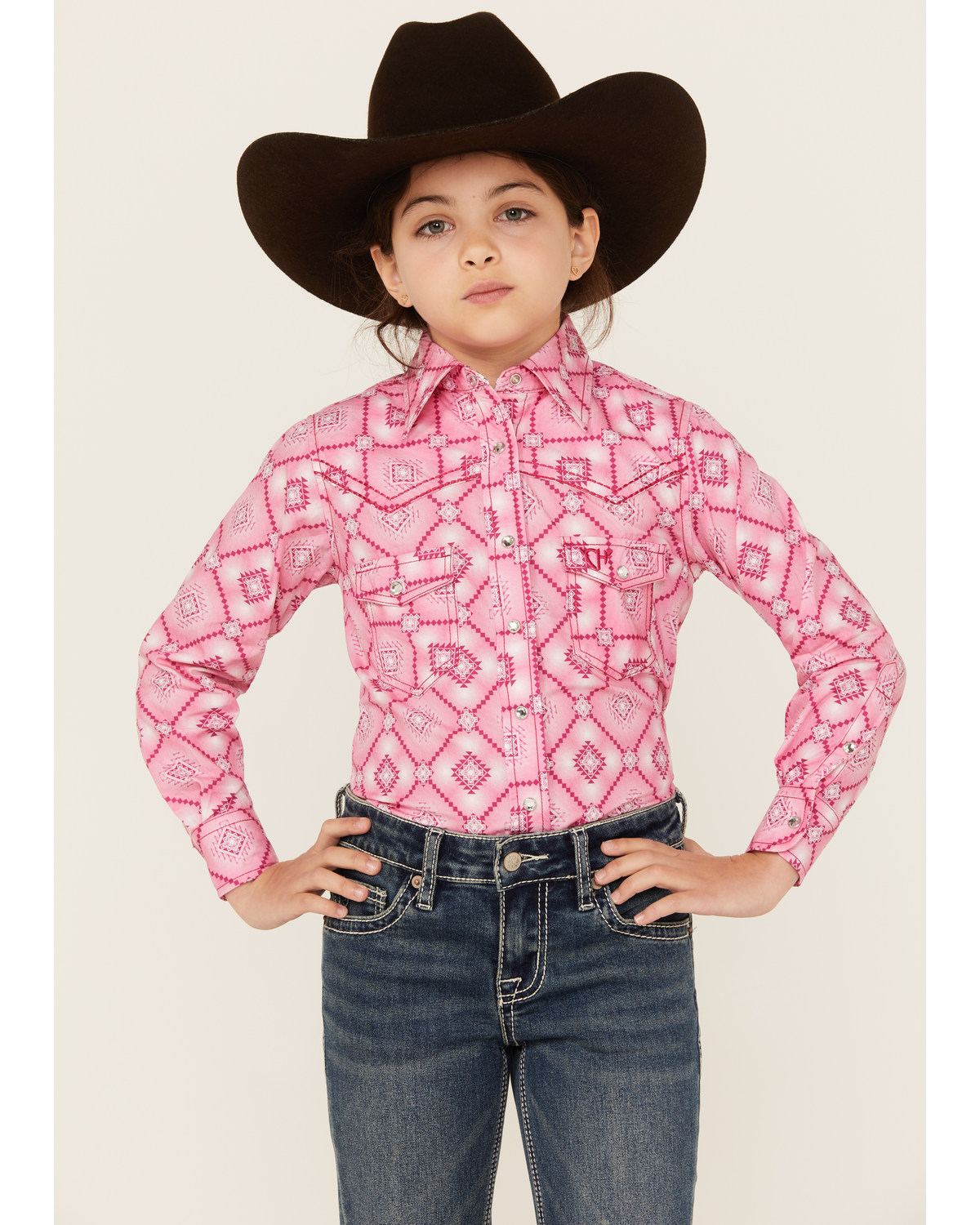 Cowgirl Hardware Girls' Diamond Southwestern Print Long Sleeve Snap Western Shirt