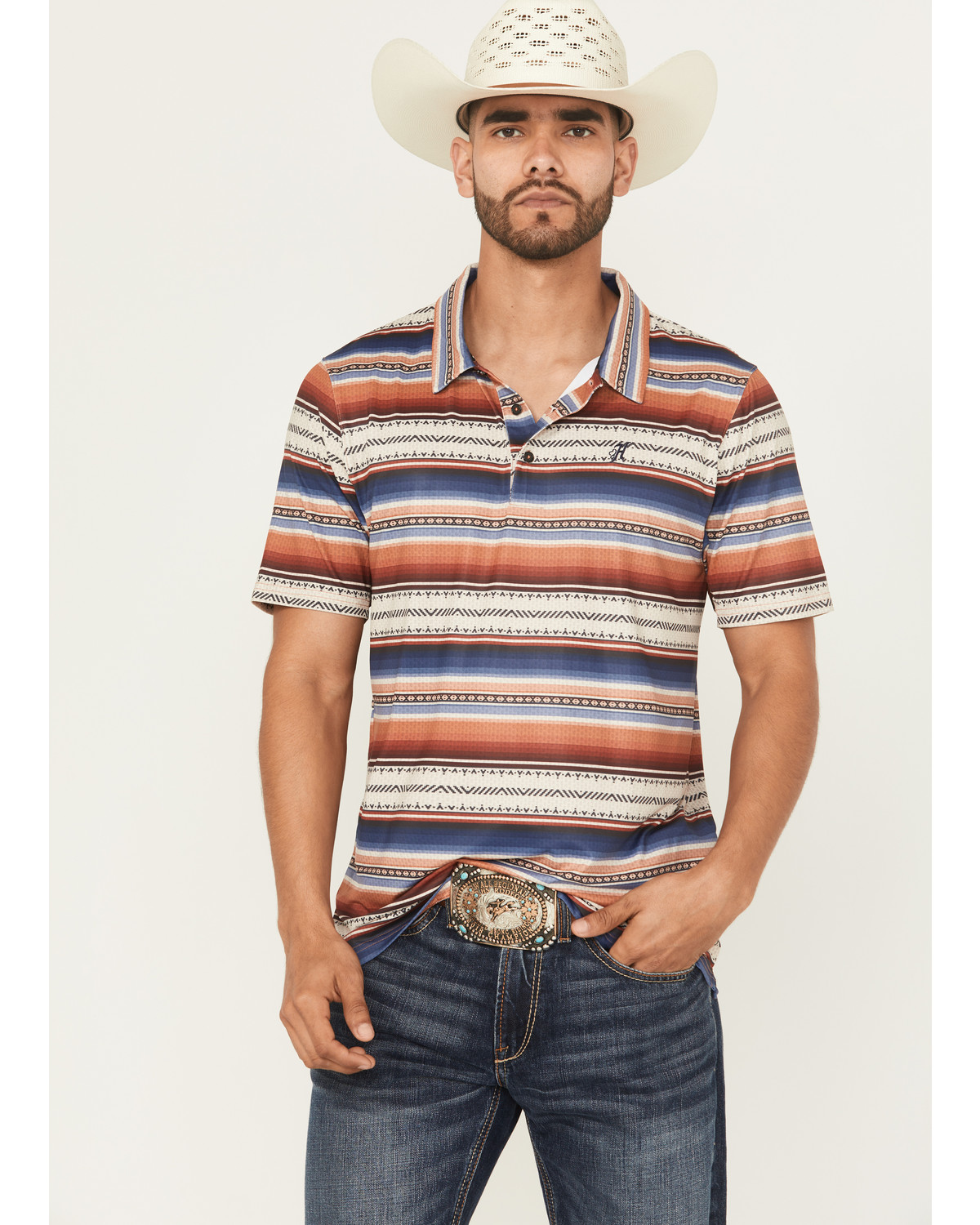 Hooey Men's San Juan Serape Stripe Print Short Sleeve Button-Down Polo Shirt