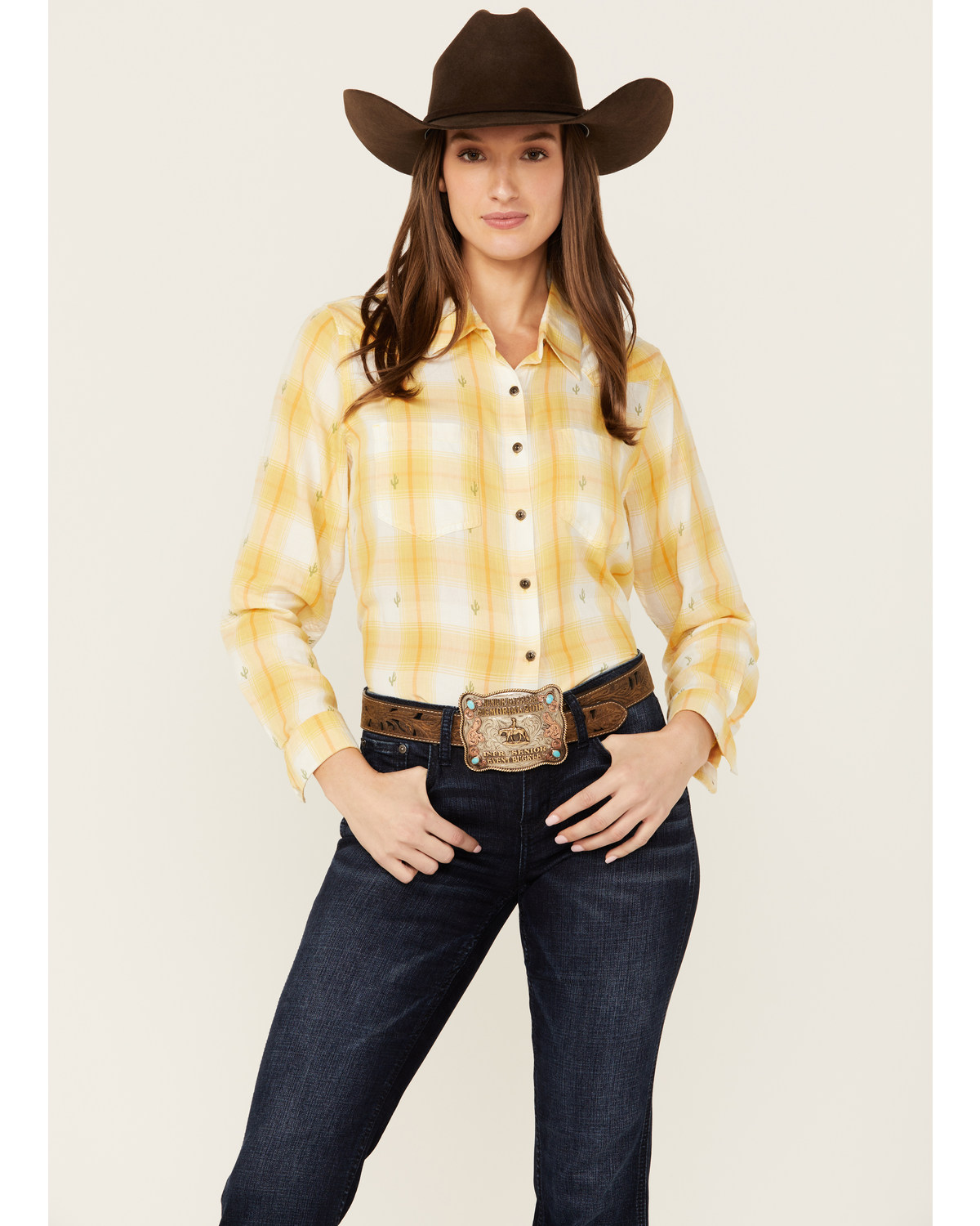 Ariat Women's R.E.A.L Billie Jean Cactus Plaid Print Long Sleeve Button-Down Western Shirt