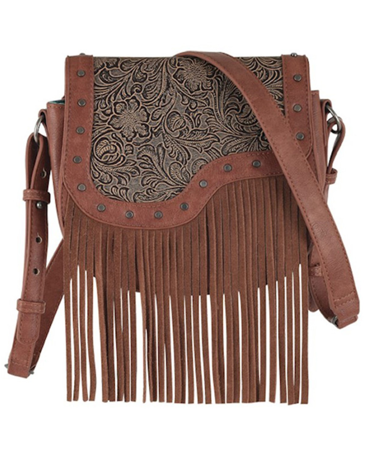 Catchfly Women's Asymmetrical Tooled Yoke Fringe Crossbody Bag