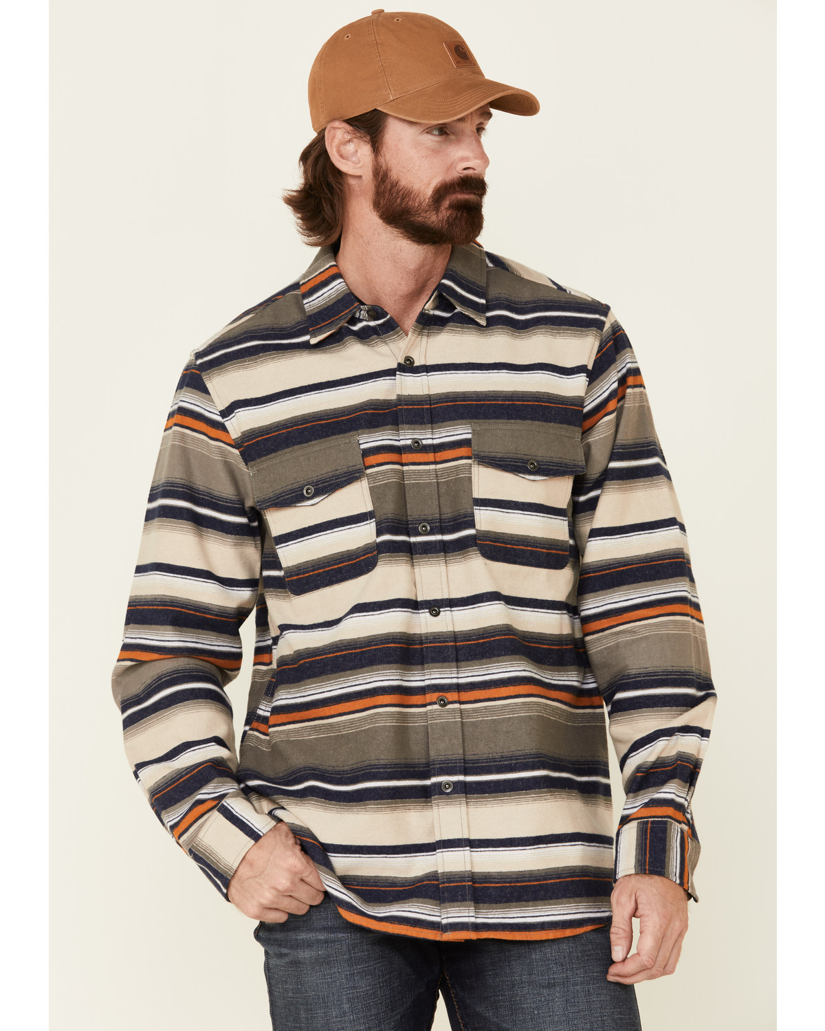North River Men's Oatmeal Lake Striped Long Sleeve Western Flannel Shirt
