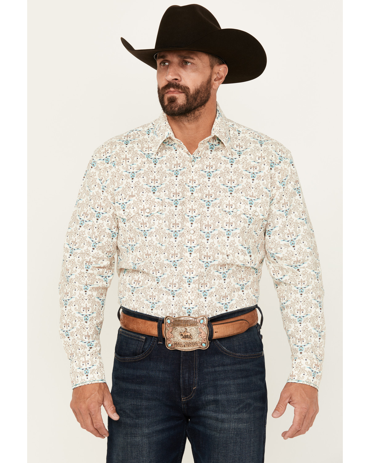 Rough Stock by Panhandle Men's Steer Head Print Long Sleeve Pearl Snap Western Shirt