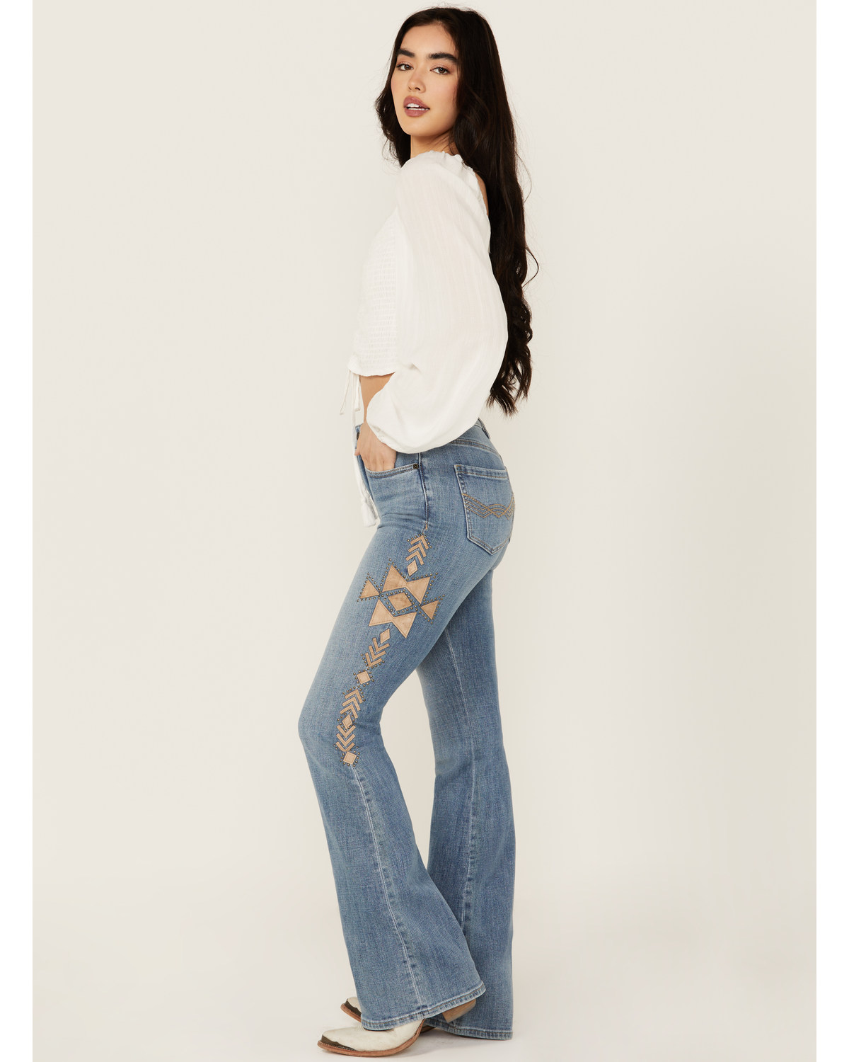 Idyllwind Women's Ellis Medium Wash Gypsy High Rise Faux Suede Embellished Bootcut Comfort Stretch Denim Jeans