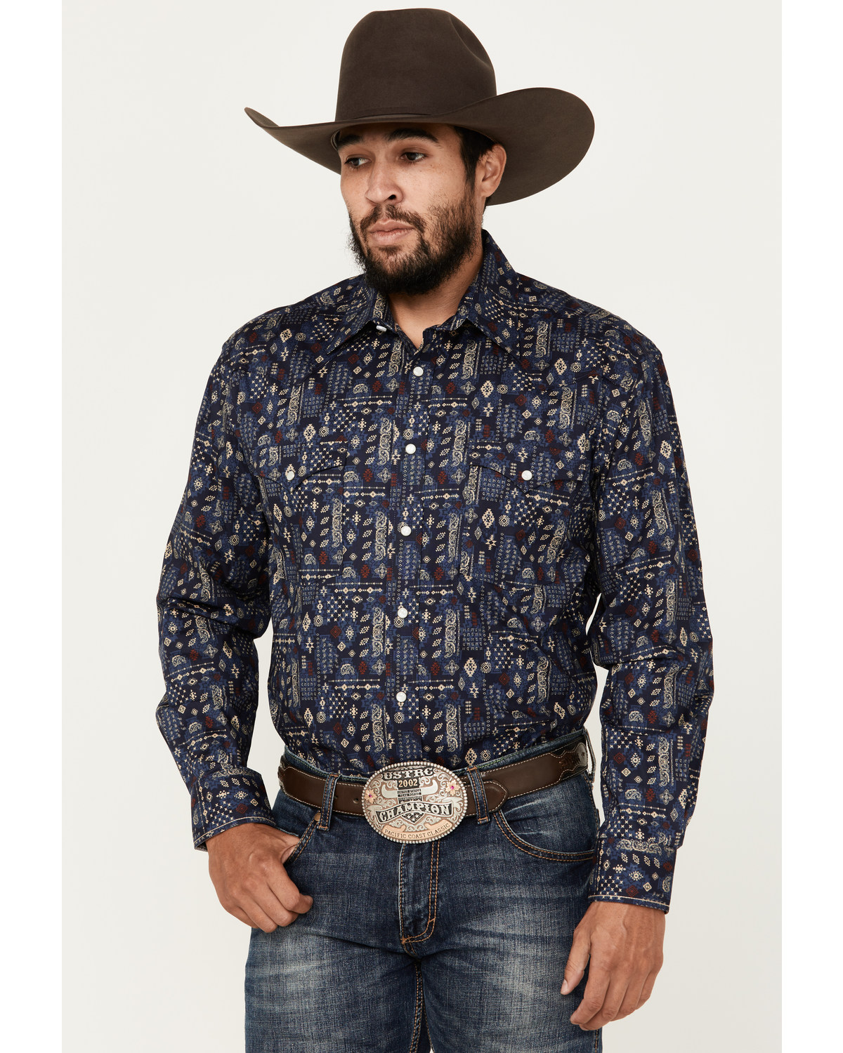 Rough Stock by Panhandle Men's Bandana Southwestern Print Long Sleeve Snap Stretch Western Shirt