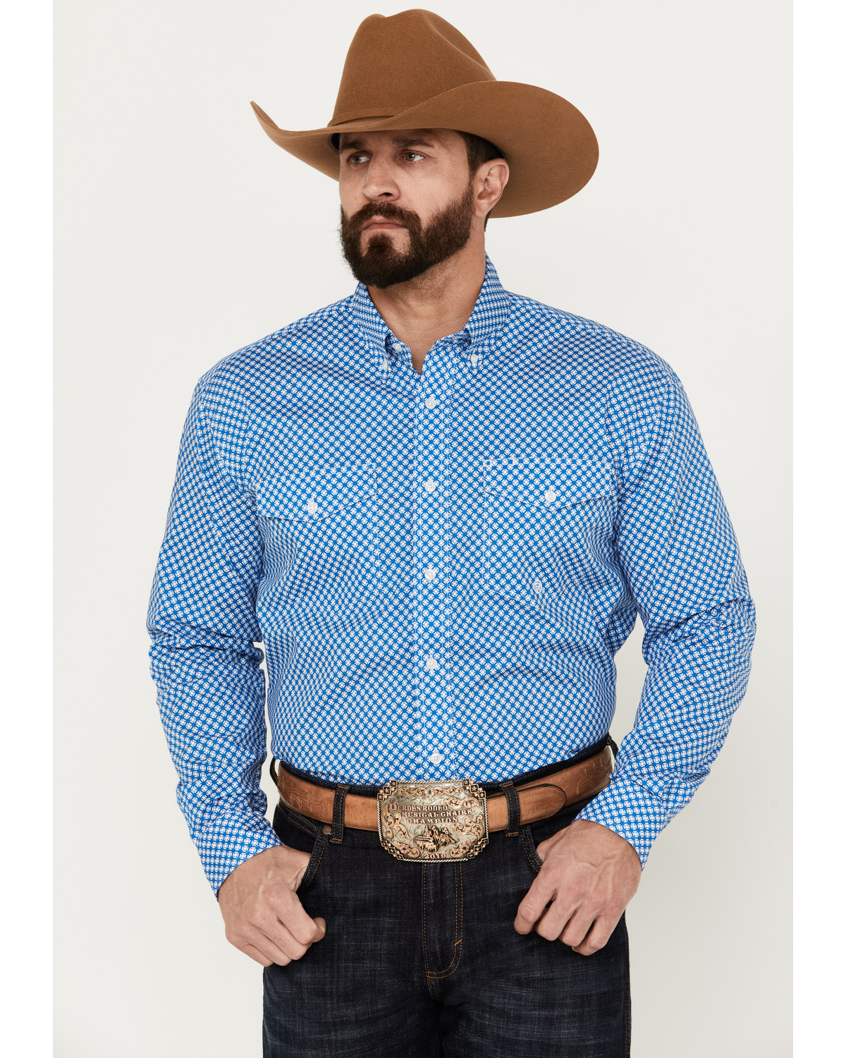 Roper Men's Amarillo Small Print Long Sleeve Button Down Stretch Western Shirt