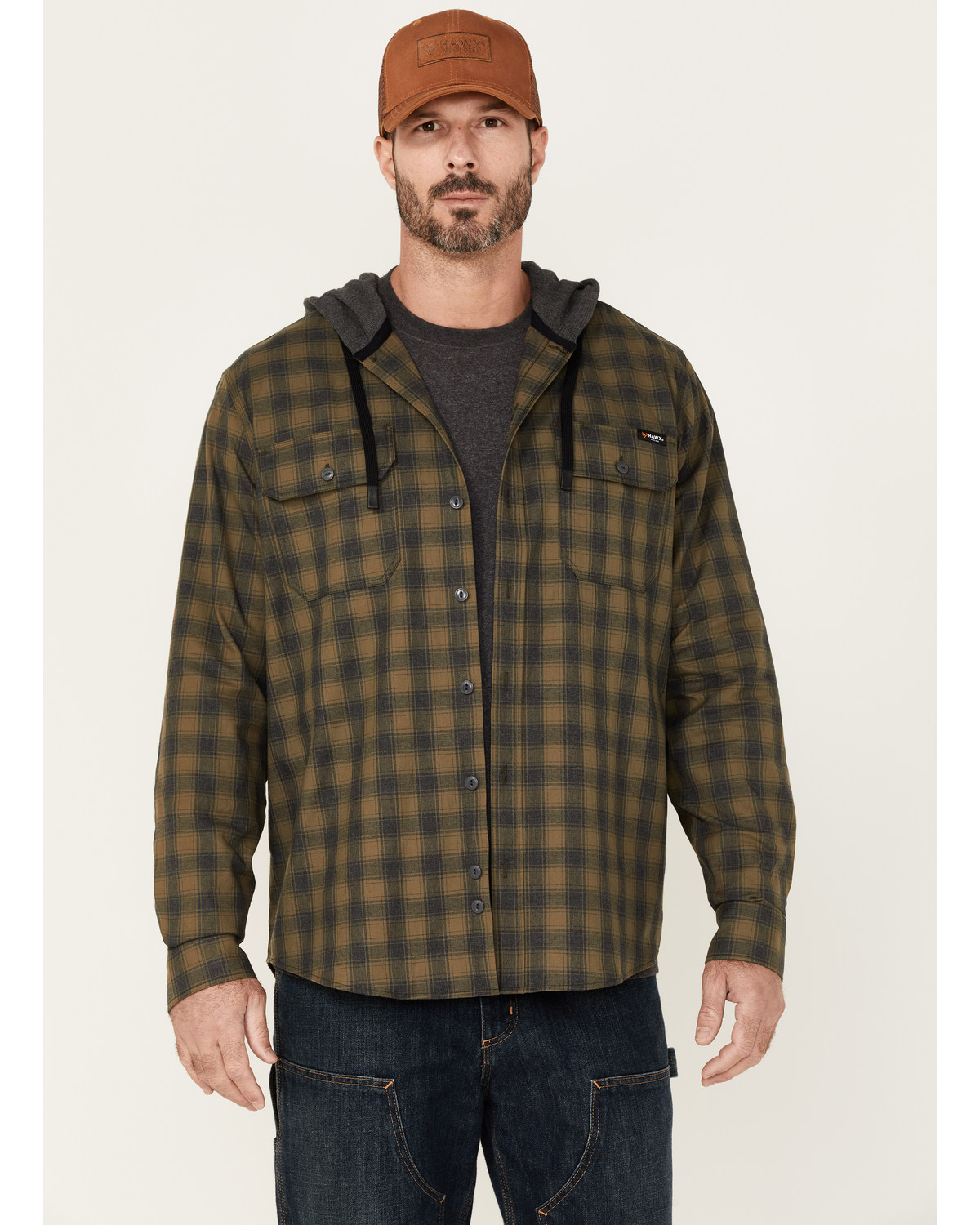 Hawx Men's Plaid Print Robertson Long Sleeve Button Down Hooded Work Flannel Shirt