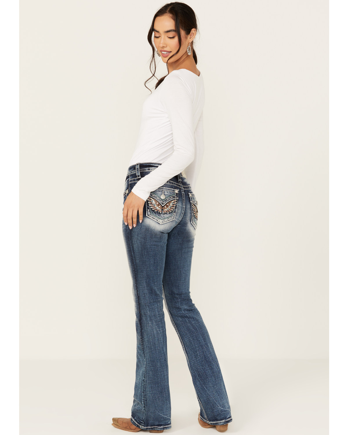 Miss Me Women's Medium Wash Mid Rise Wing Pocket Bootcut Stretch Denim Jeans