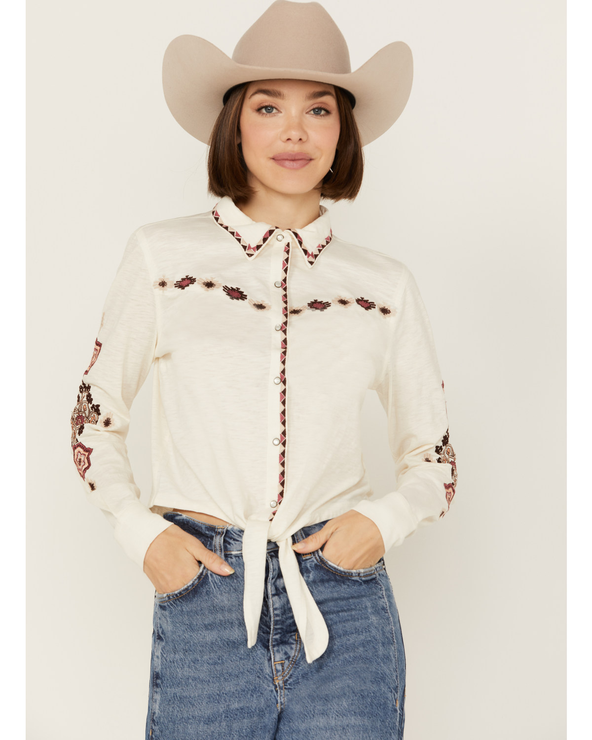 Shyanne Women's Tie-Front Embroidered Long Sleeve Snap Western Shirt