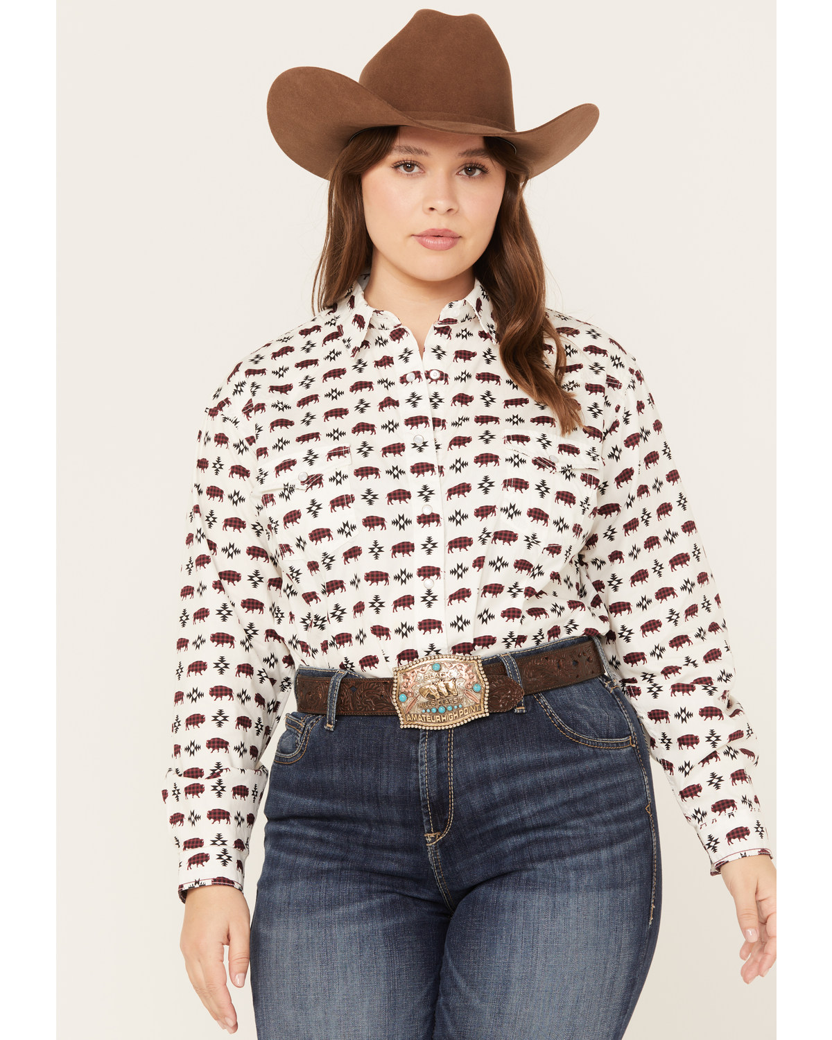 Rock & Roll Denim Women's Southwestern Buffalo Print Western Pearl Snap Shirt