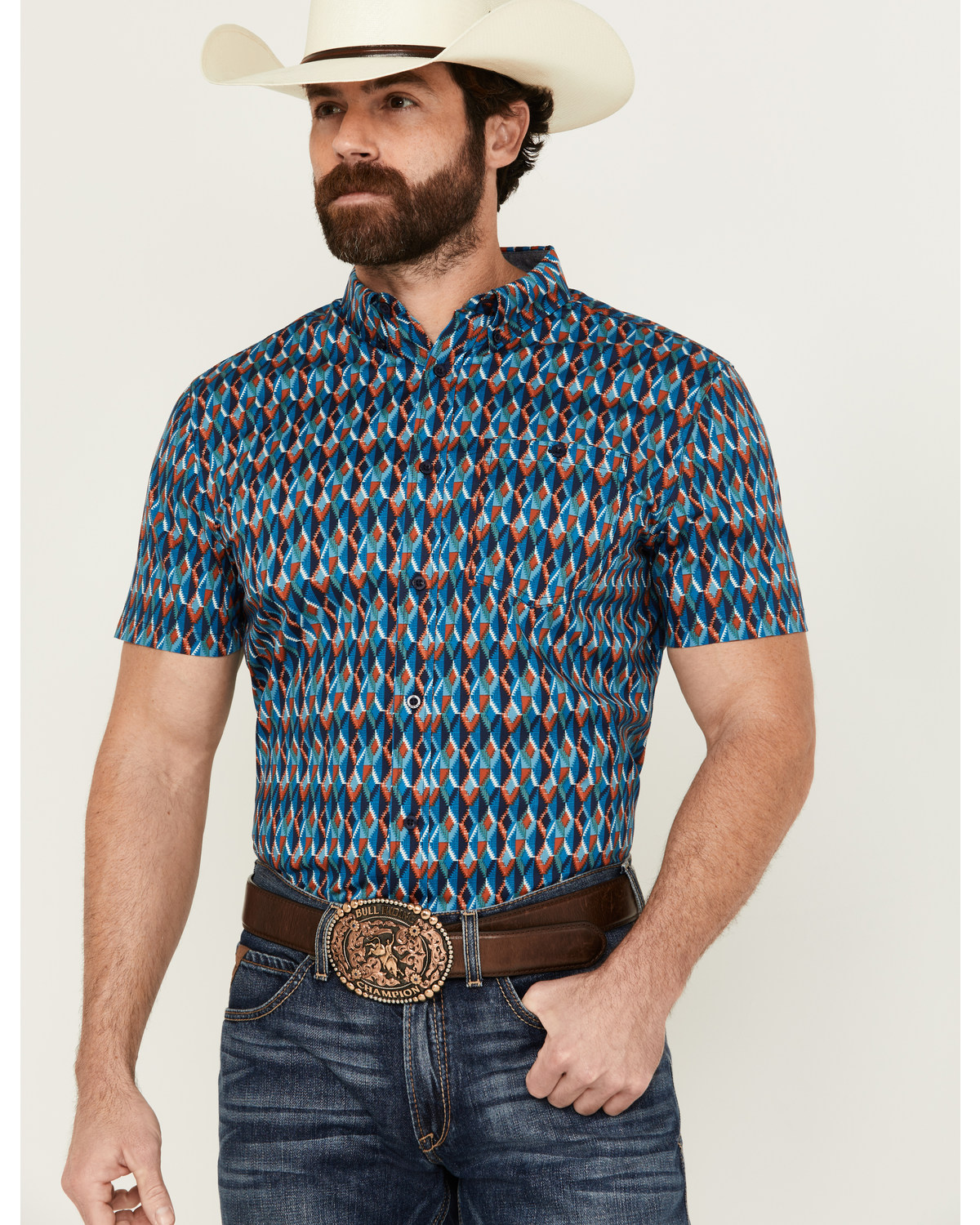 RANK 45® Men's Weststamp Southwestern Geo Print Short Sleeve Button-Down Stretch Western Shirt