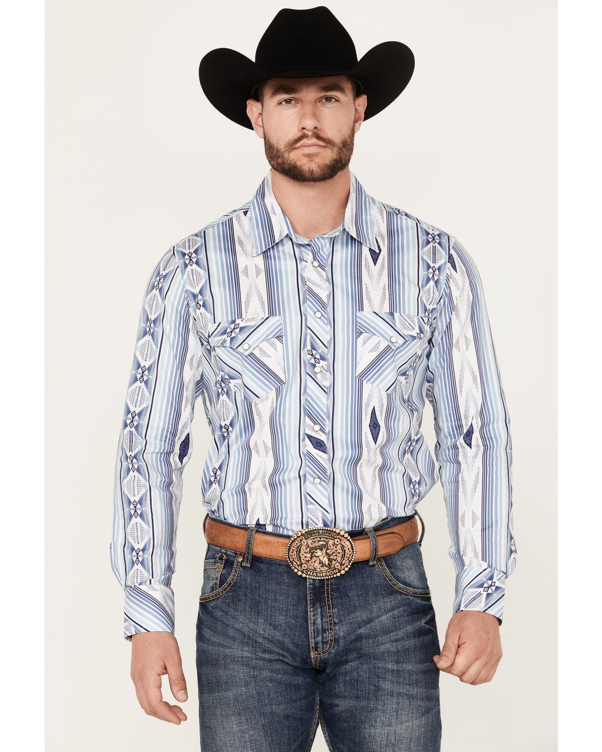 Rock & Roll Denim Men's Southwestern Print Striped Stretch Long Sleeve Snap Western Shirt
