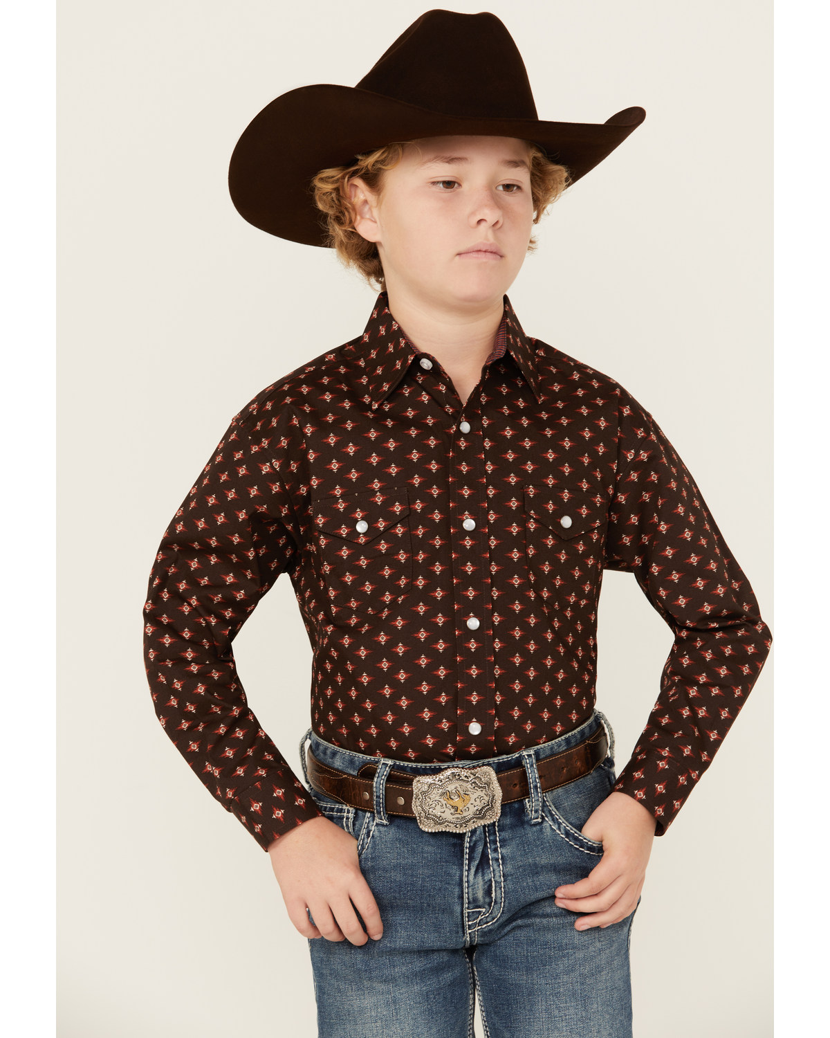 Panhandle Select Boys' Southwestern Print Long Sleeve Pearl Snap Shirt