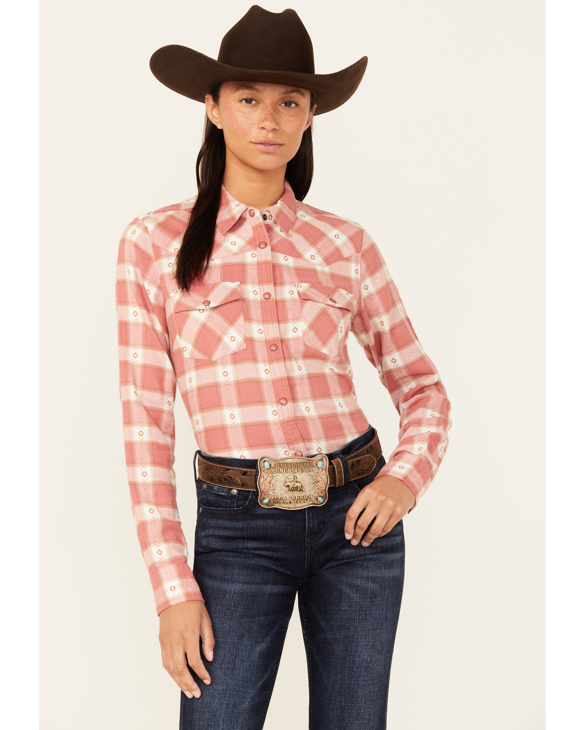 Shyanne Women's Dogwood Dobby Plaid Print Long Sleeve Snap Flannel Shirt