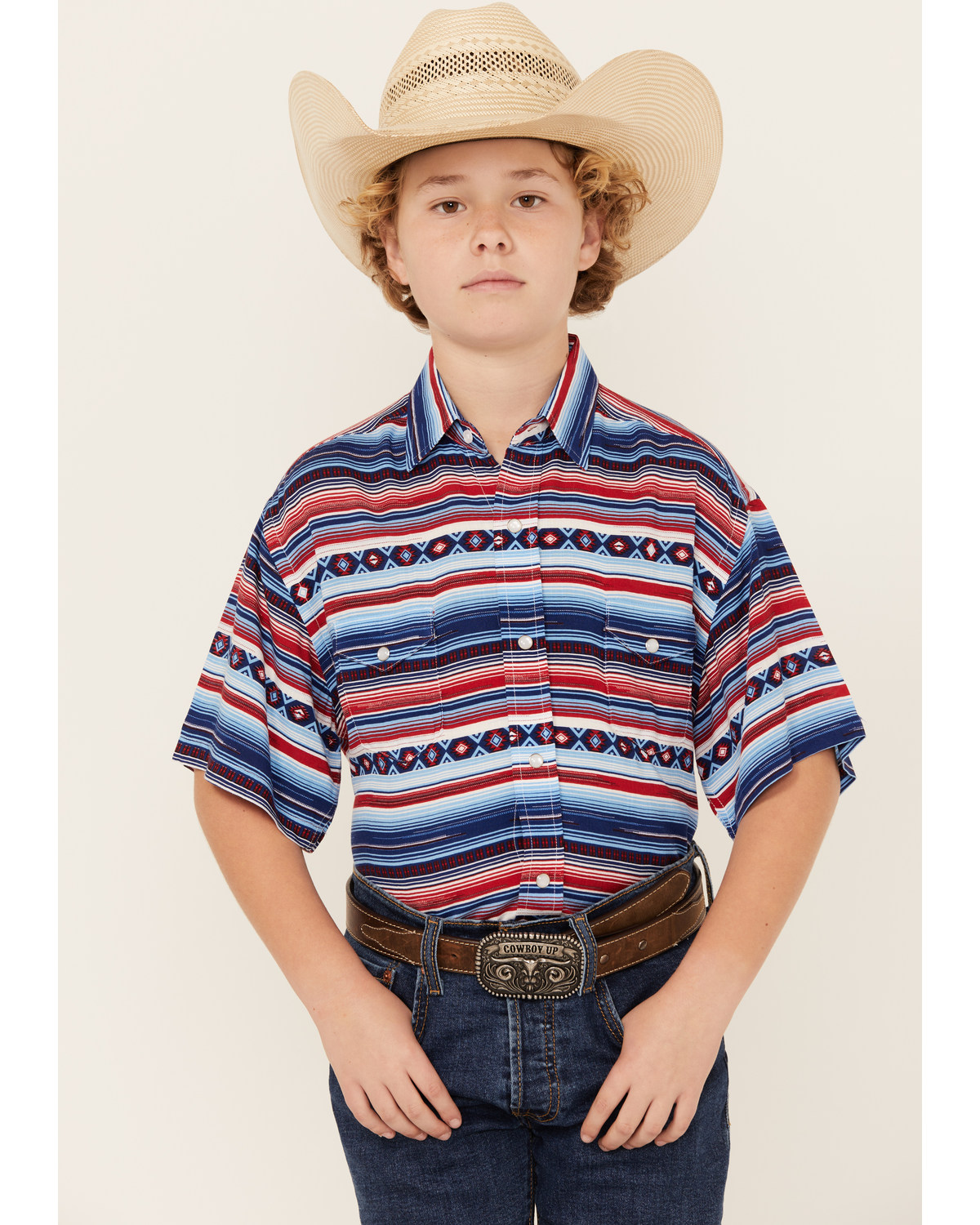 Panhandle Boys' Southwestern Striped Print Short Sleeve Snap Western Shirt